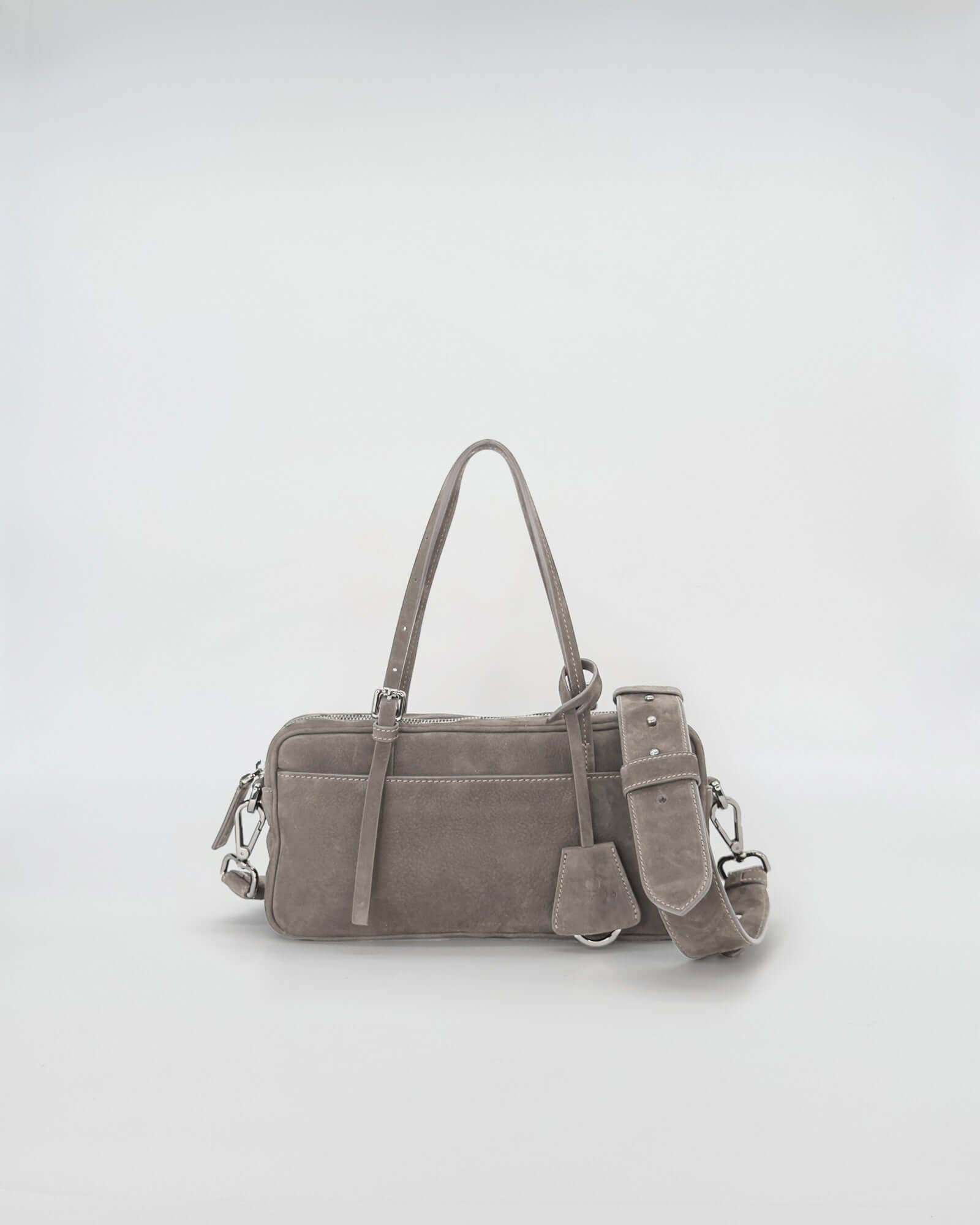 ASIA NABUK stylish grey suede handbag with versatile straps for shoulder or hand carry.