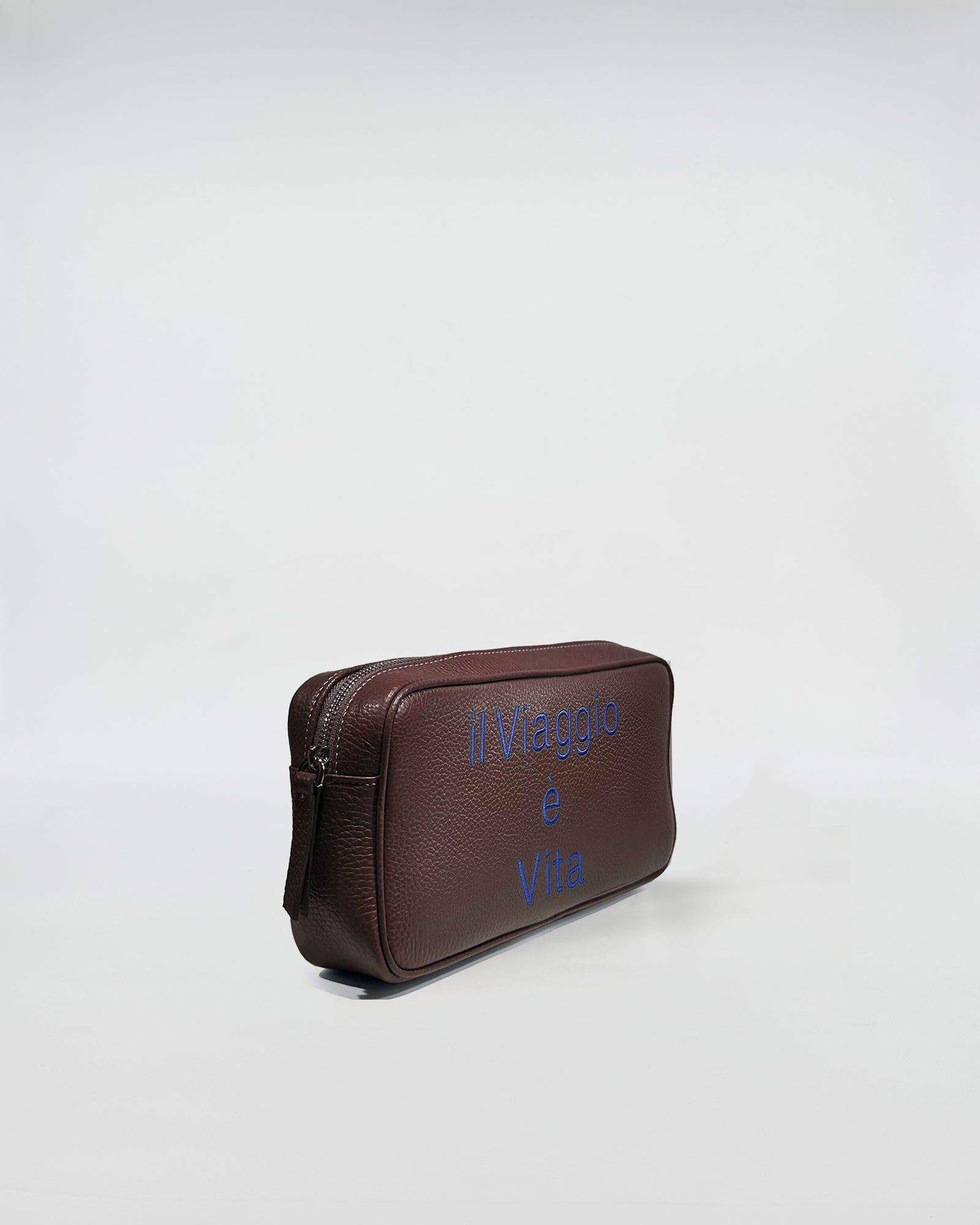 Beauty in pelle personalizzato - elegante beauty case in pelle marrone con personalizzazione "Il Viaggio e Vita".