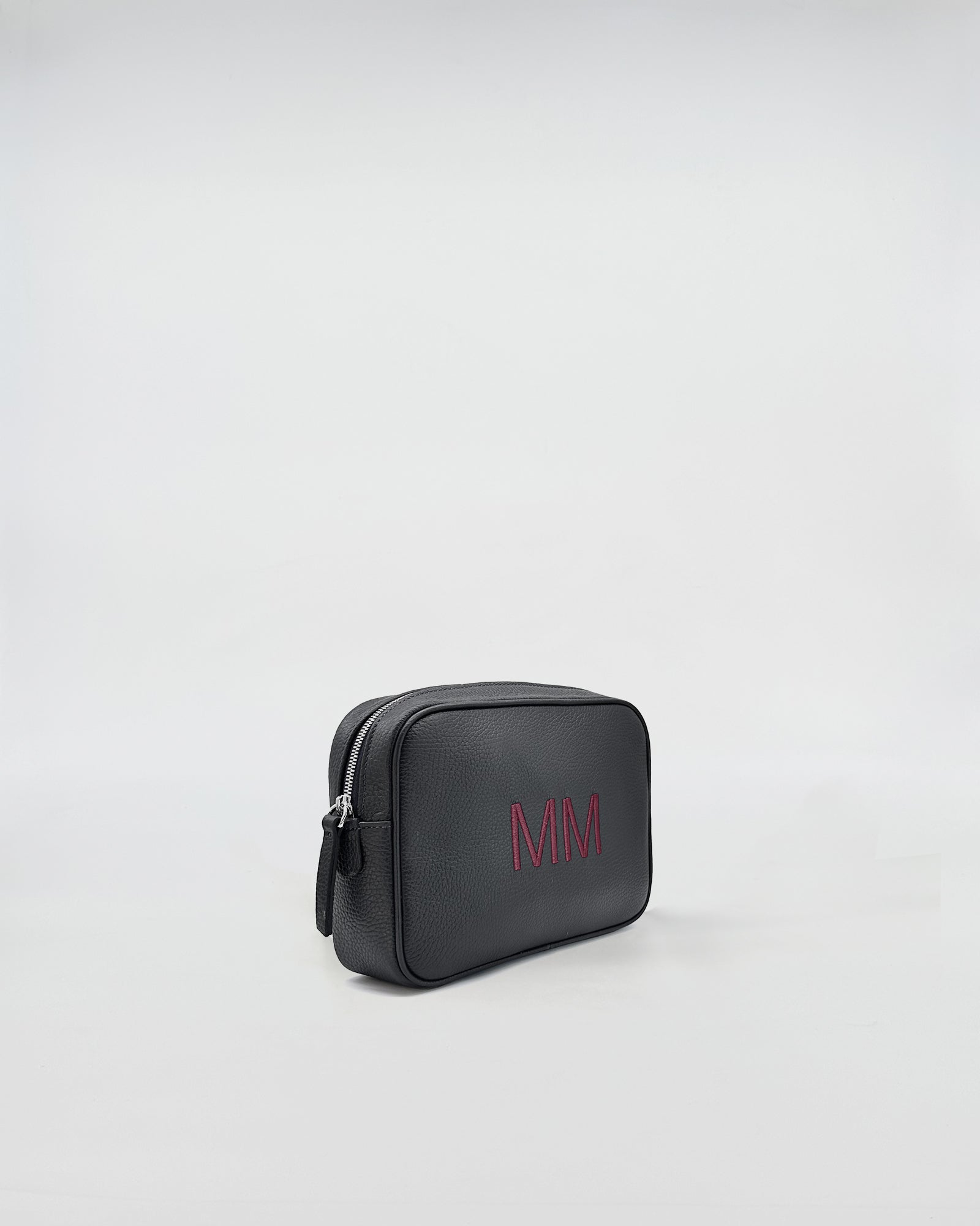 Beauty small in pelle personalizzato, elegante beauty case in pelle nera con iniziali ricamate MM.