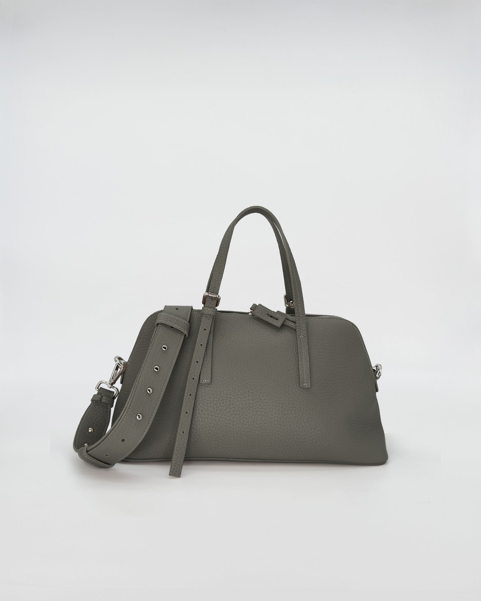 BOWLING VITELLO borsa in pelle di vitello pieno fiore di colore verde oliva con tracolla e manici.