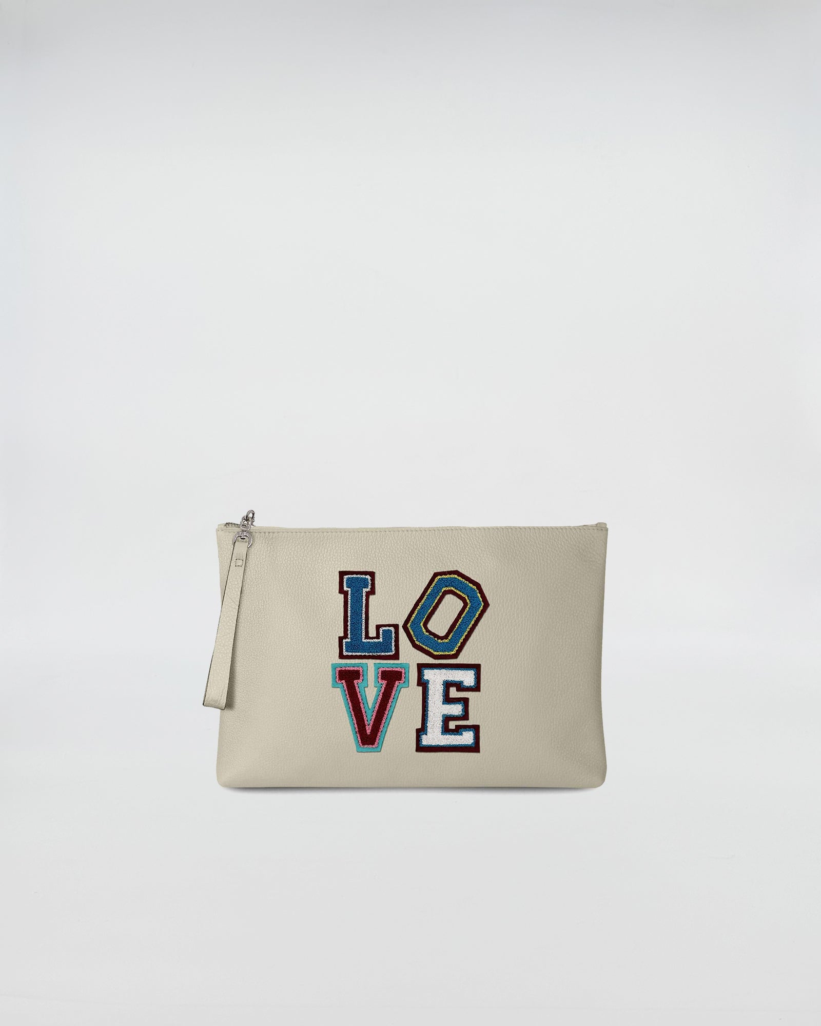 BUSTA A4 LOVE minimal pouch featuring colorful LOVE patch and zip closure for stylish practicality.