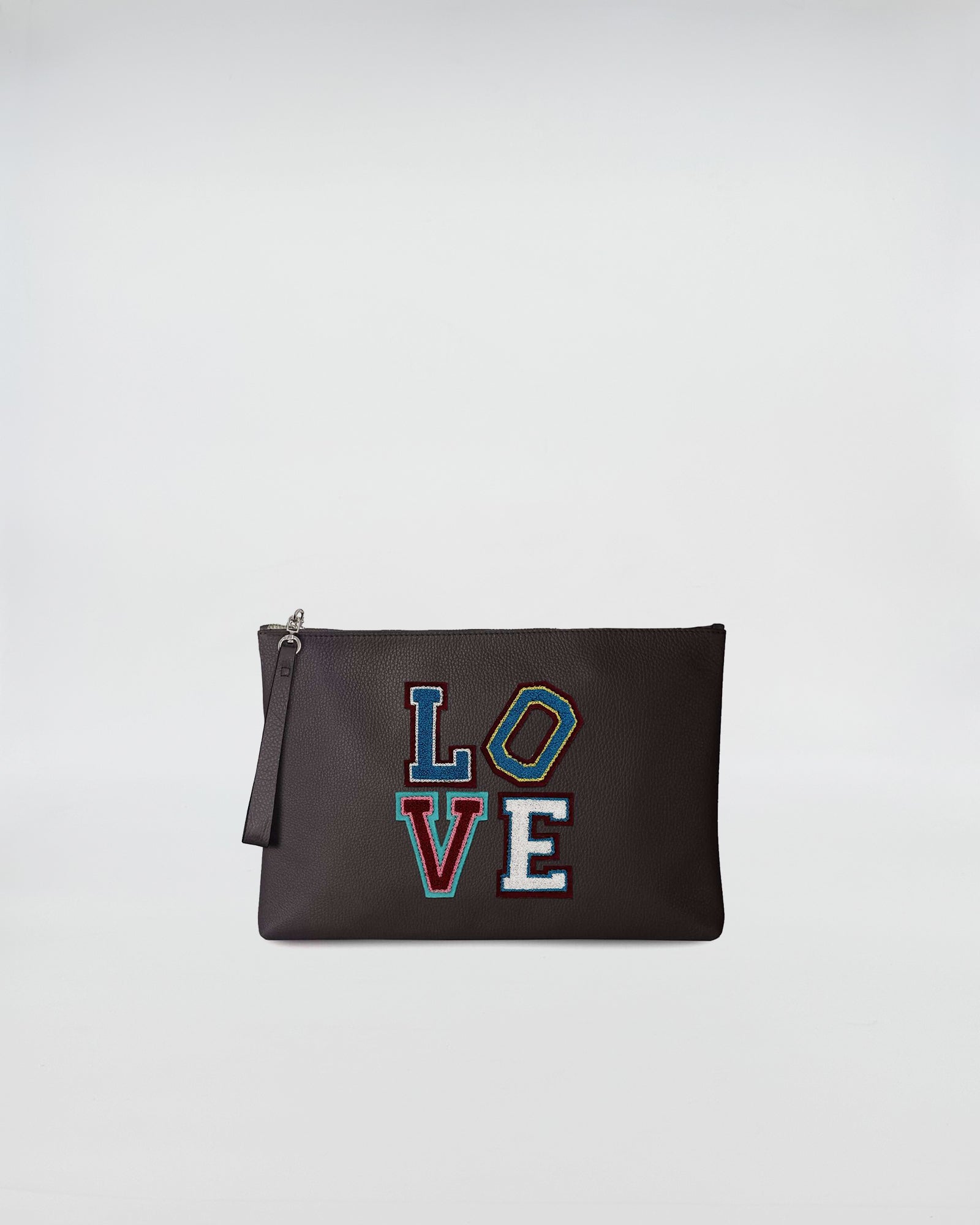 BUSTA A4 LOVE clutch bag featuring colorful LOVE patch on a sleek black design.