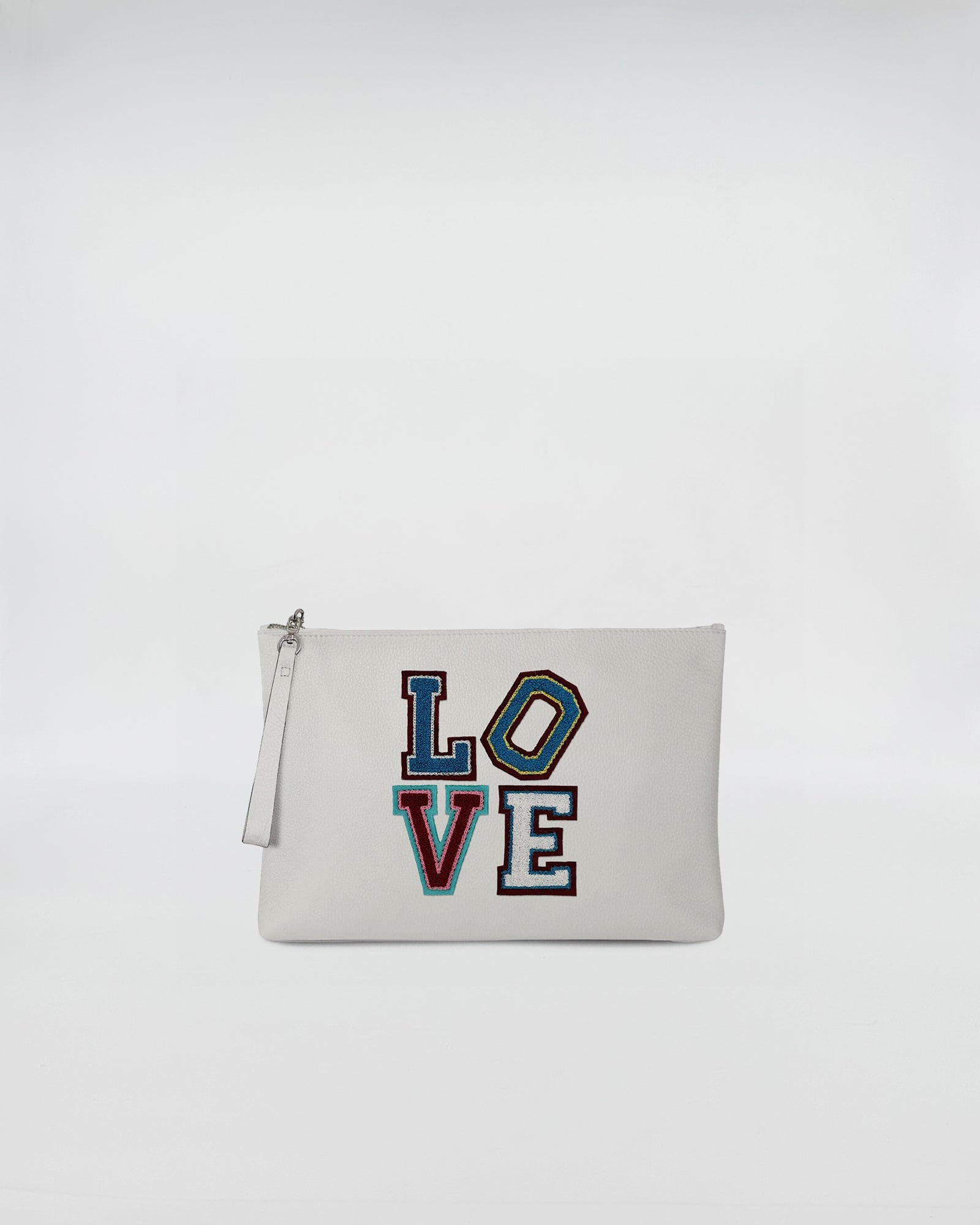 BUSTA A4 LOVE white clutch bag featuring colorful LOVE patch and zip closure for practical use.