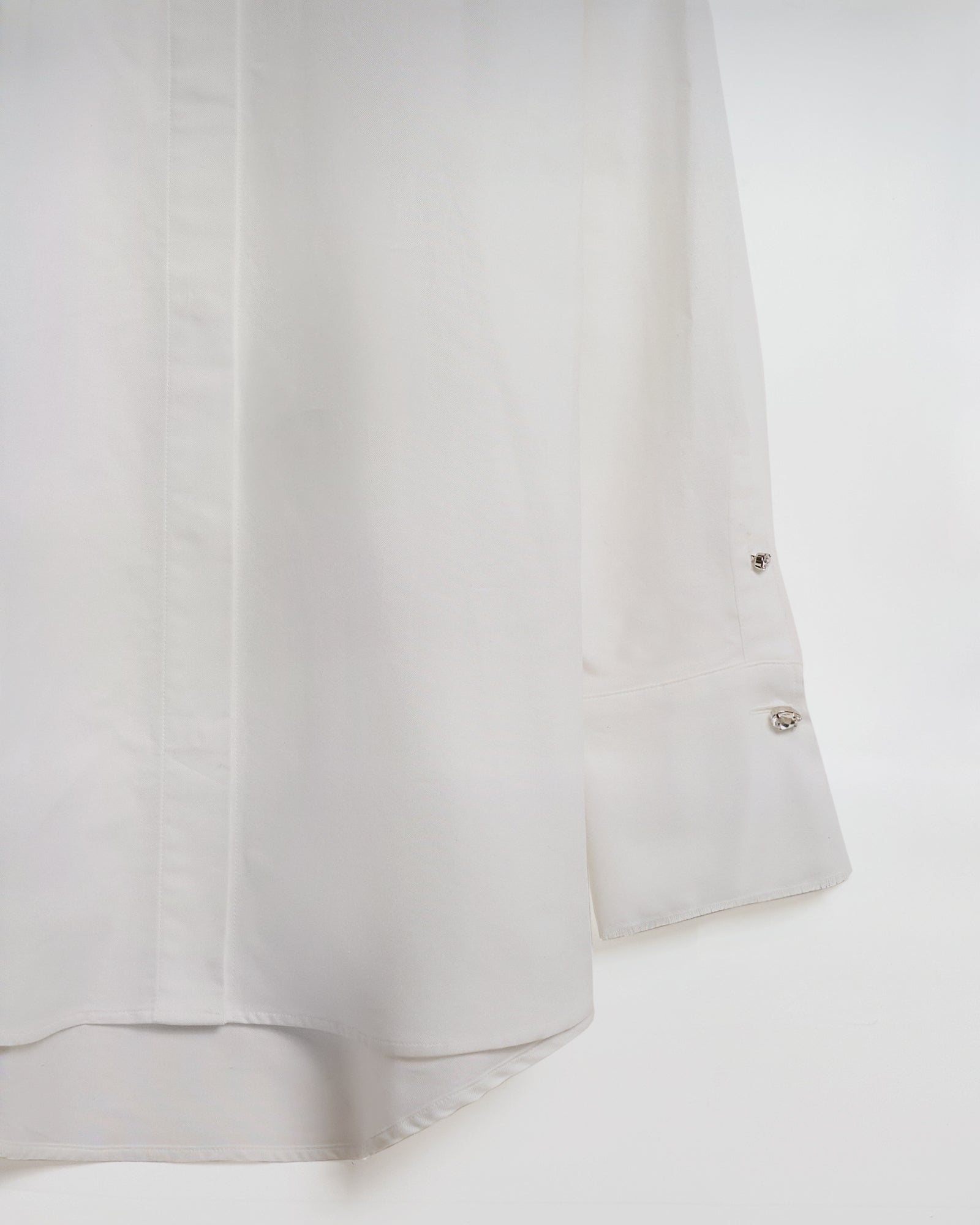 Dettaglio della camicia cotone oxford con manica lunga, bottoni gioiello e design raffinato.