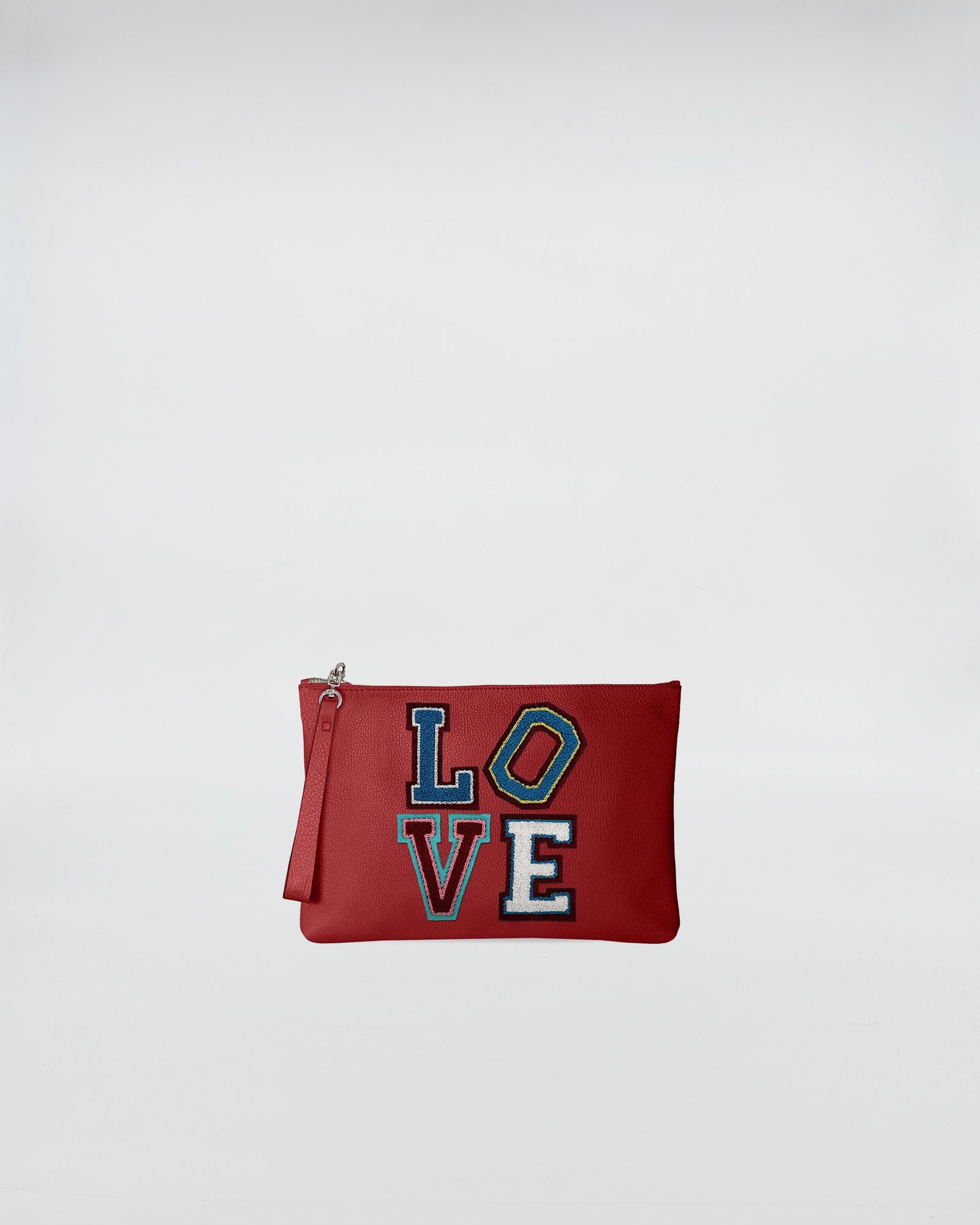 POCHETTE JOY LOVE PATCH red bag with patch LOVE decoration for a unique style.