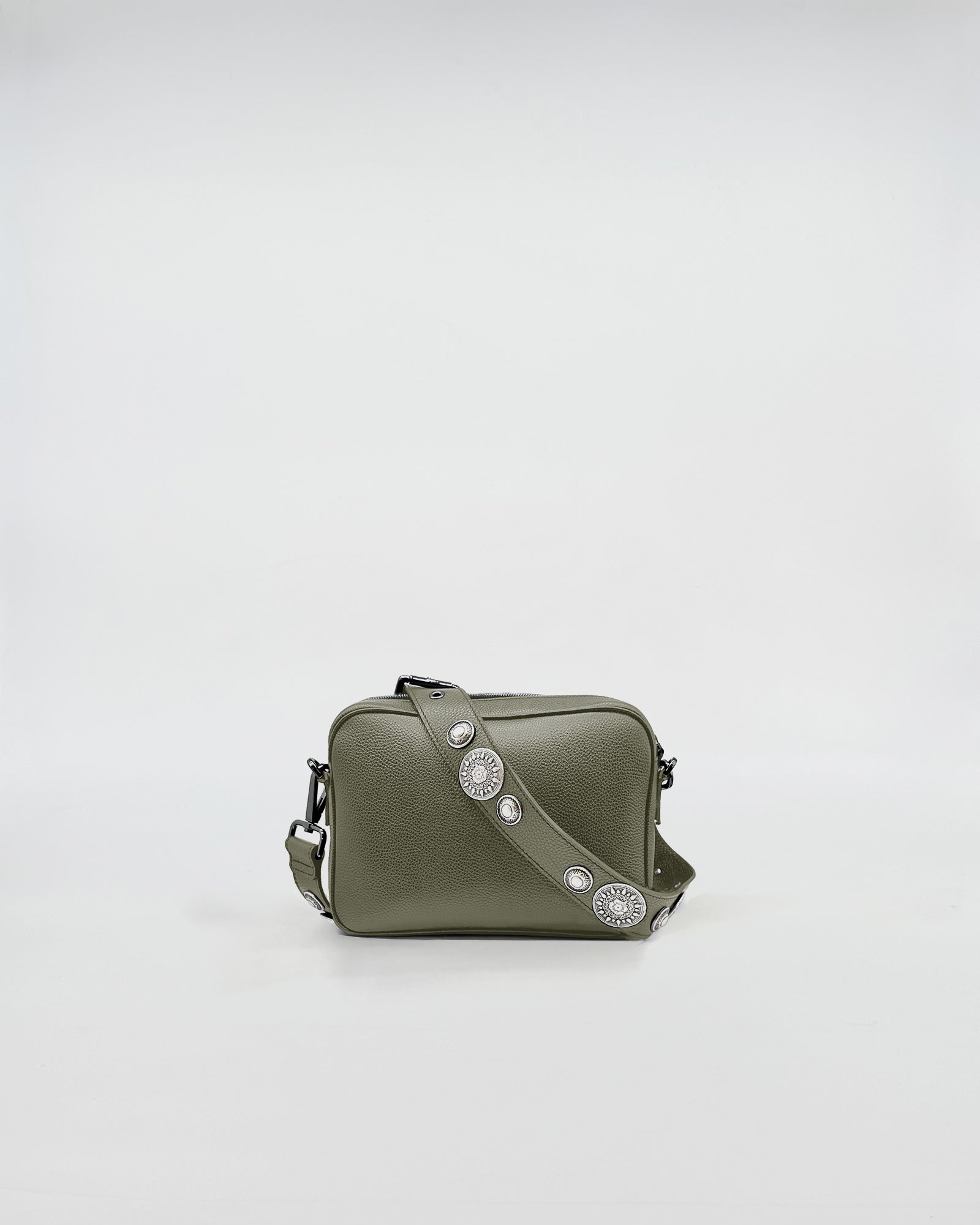 MAFALDA ROCK handbag in olive green with rock-style studded strap.