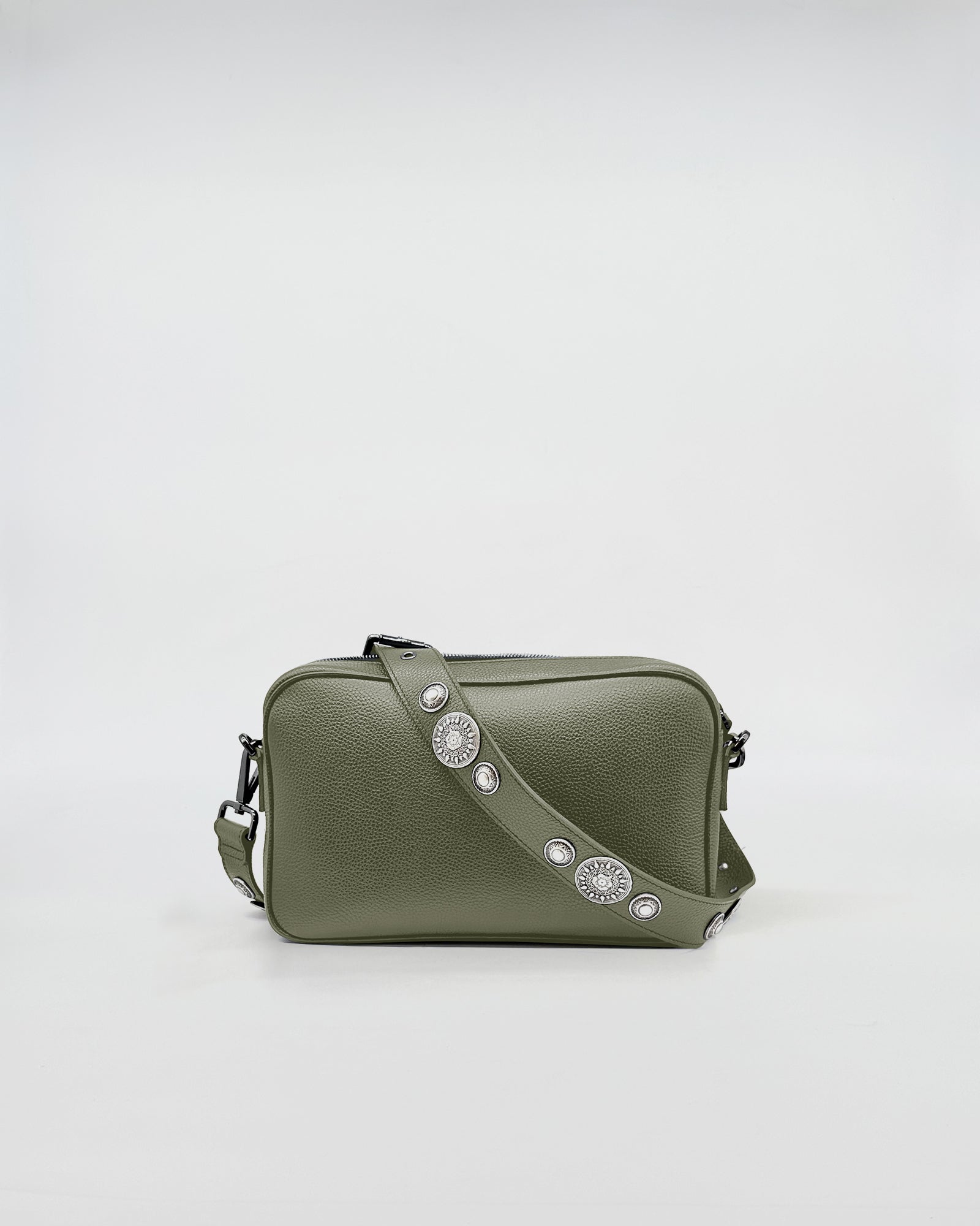 MAFALDONA ROCK green handbag with decorative strap and removable shoulder strap.