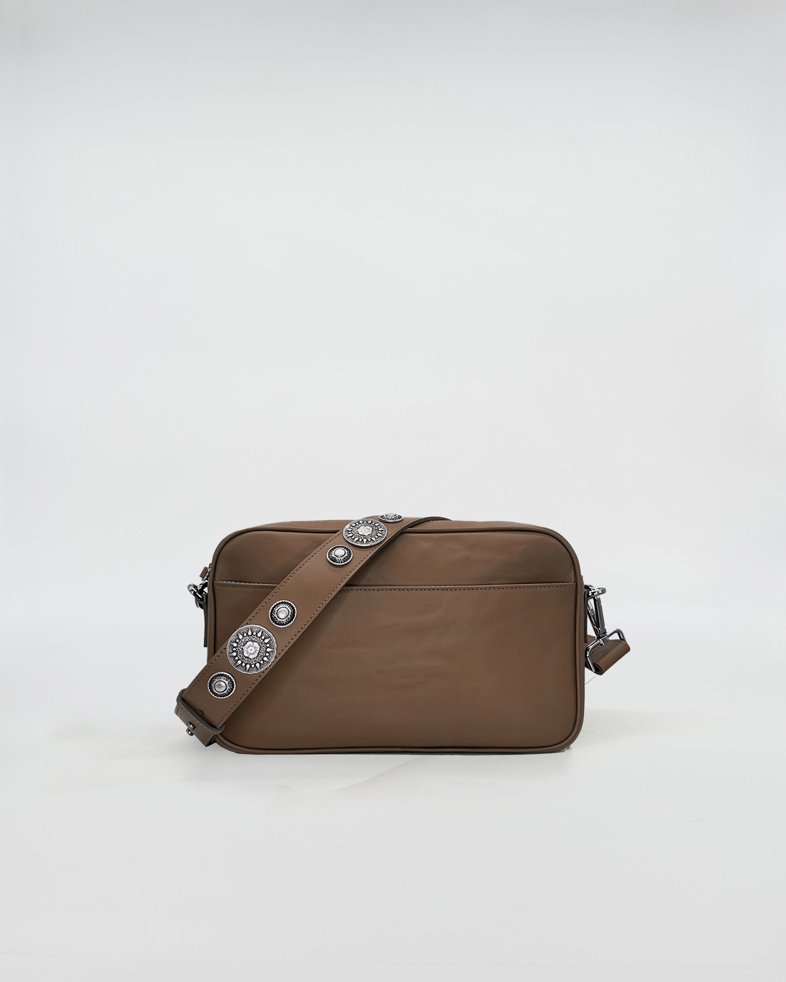 MAFALDONA VITELLO LAVATO ROCK brown leather bag with studded adjustable strap