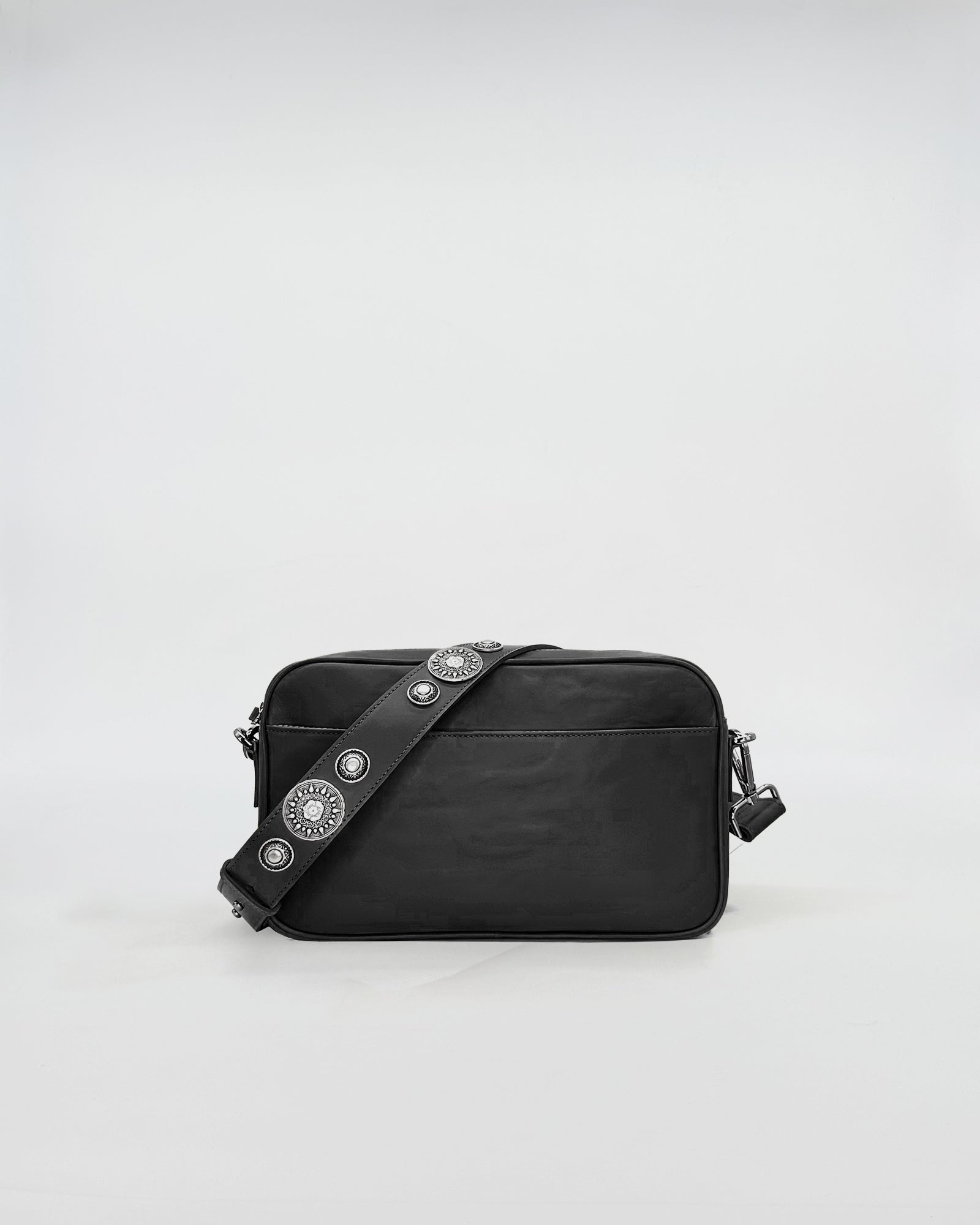 MAFALDONA VITELLO LAVATO ROCK black crossbody bag with studs and removable strap.