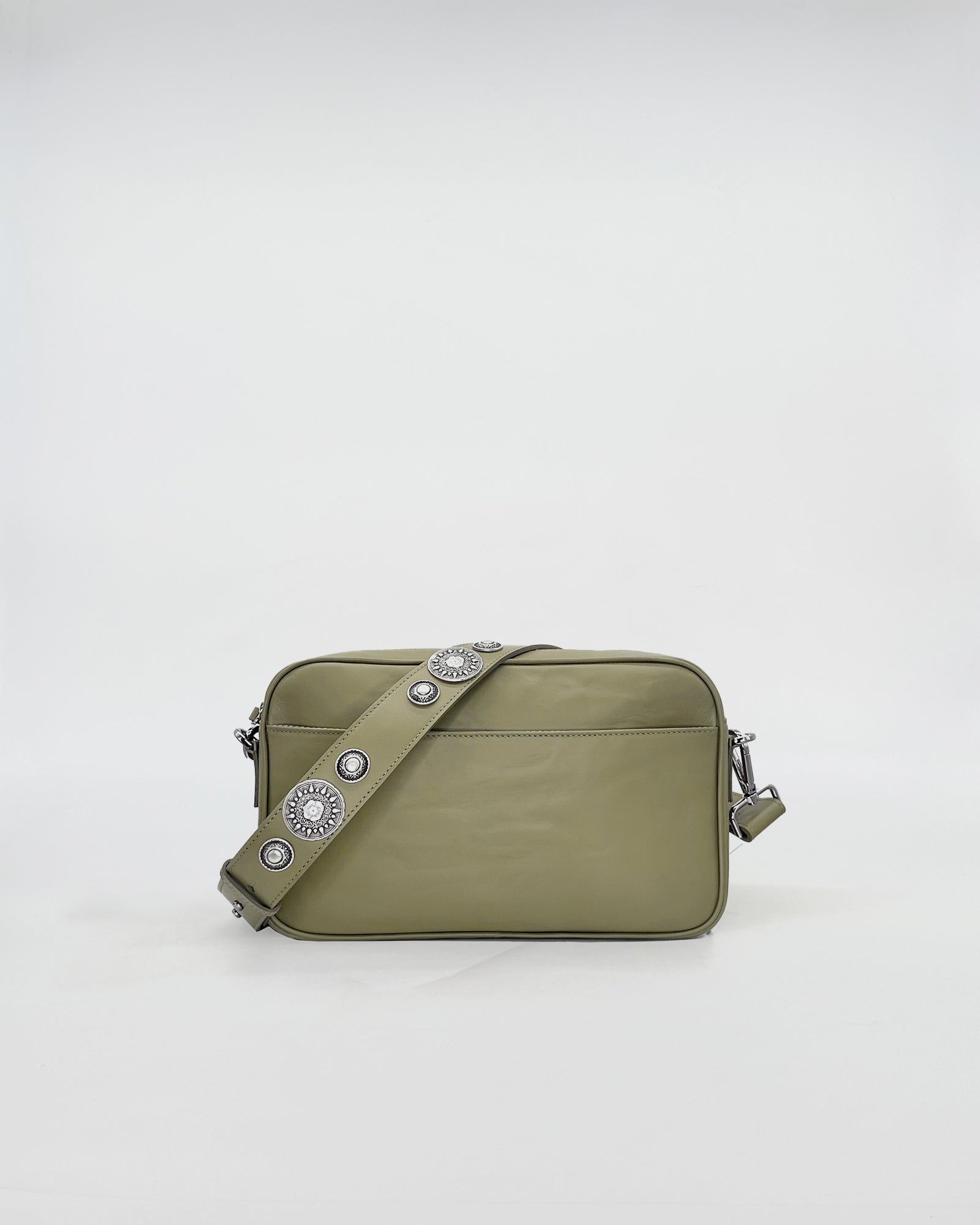 MAFALDONA VITELLO LAVATO ROCK handbag in olive green with decorative strap.