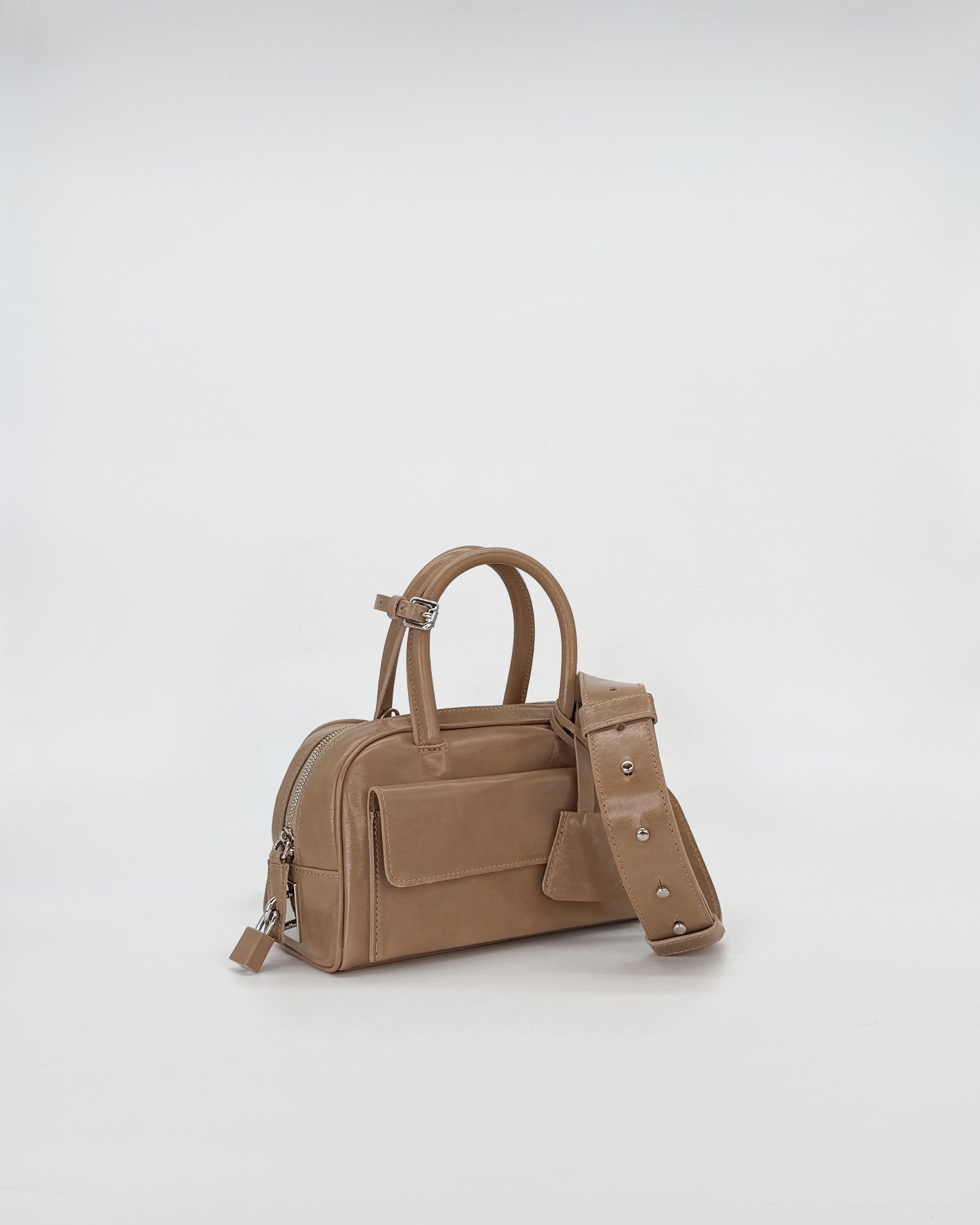 Zoe mini Vitello Semilucido handbag in light brown, featuring dual handles and a detachable strap.