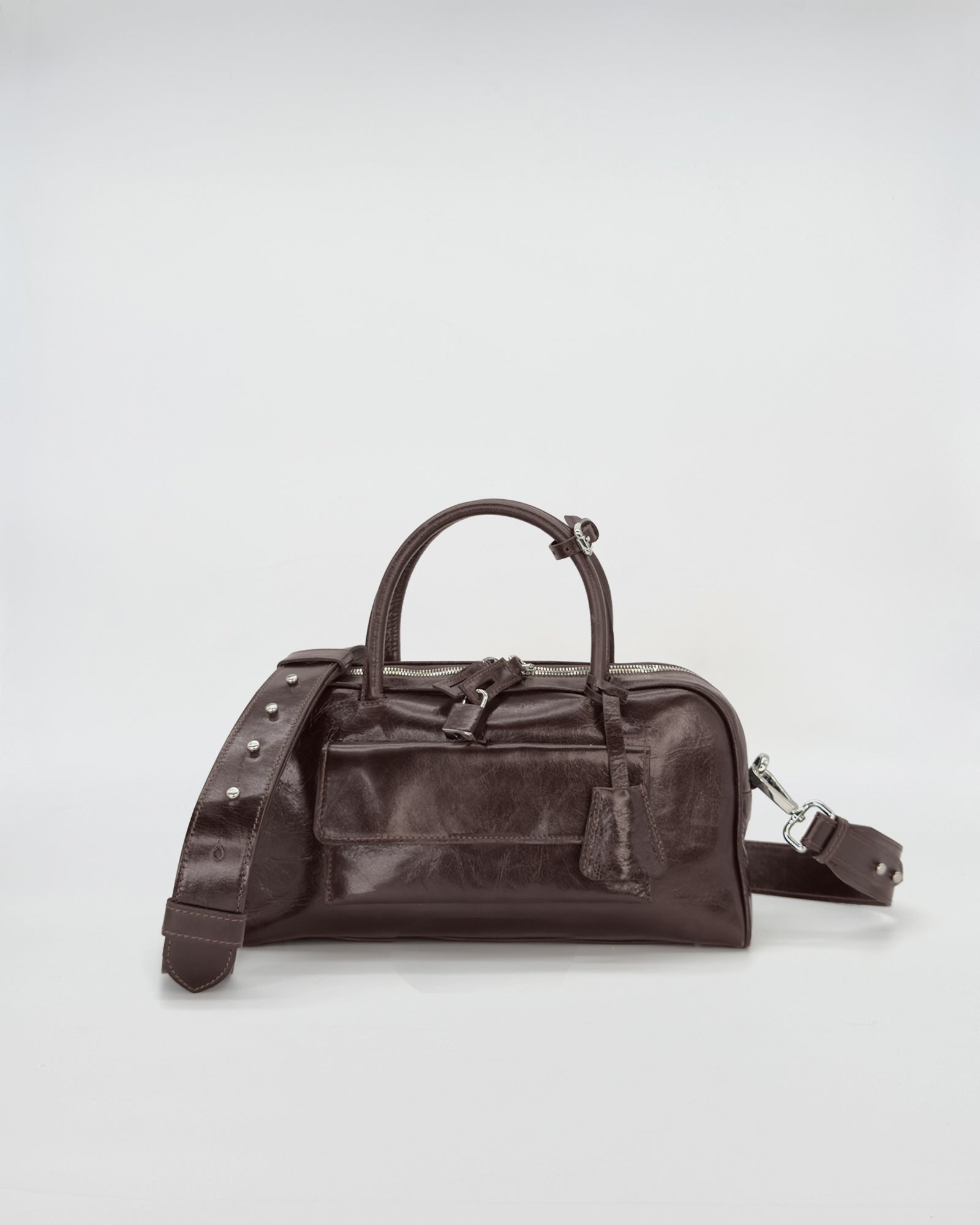 Zoe Small Vitello Semilucido handbag in dark brown, featuring clean lines and a sophisticated design.