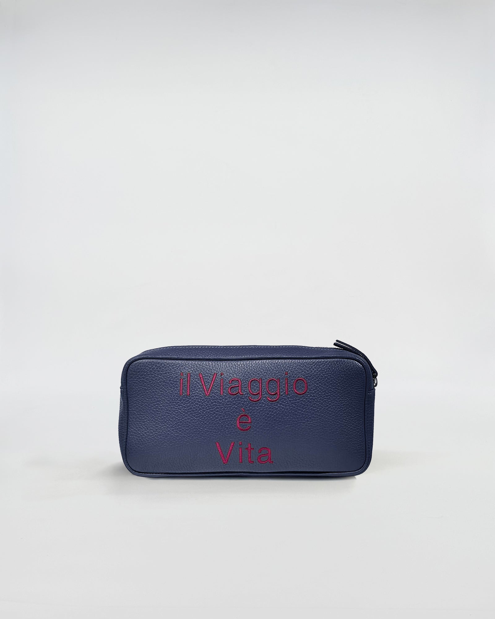 Beauty in pelle personalizzato elegante con ricamo 'Il Viaggio e Vita' su fondo blu