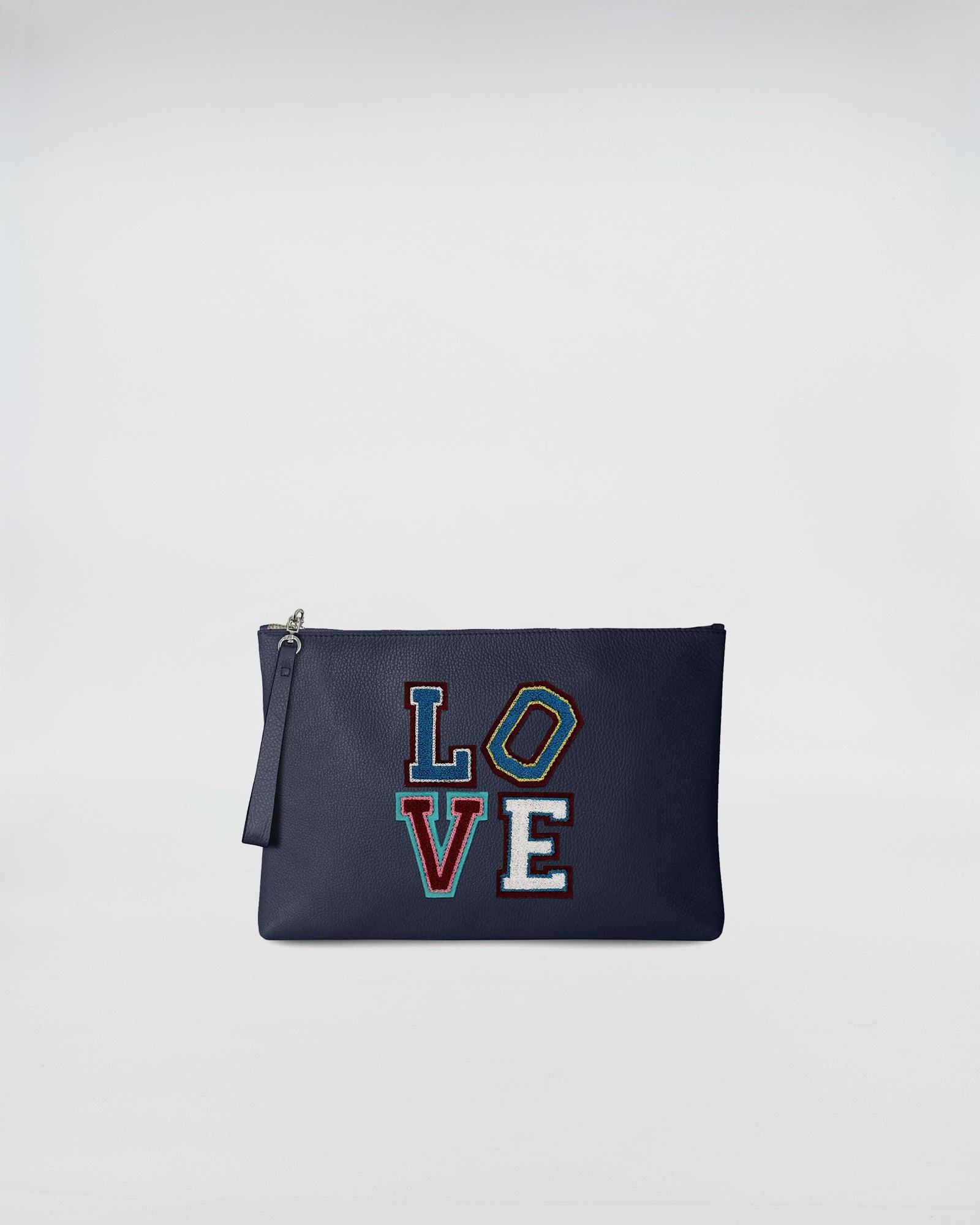 BUSTA A4 LOVE navy pouch with colorful LOVE patch design, practical and stylish accessory.