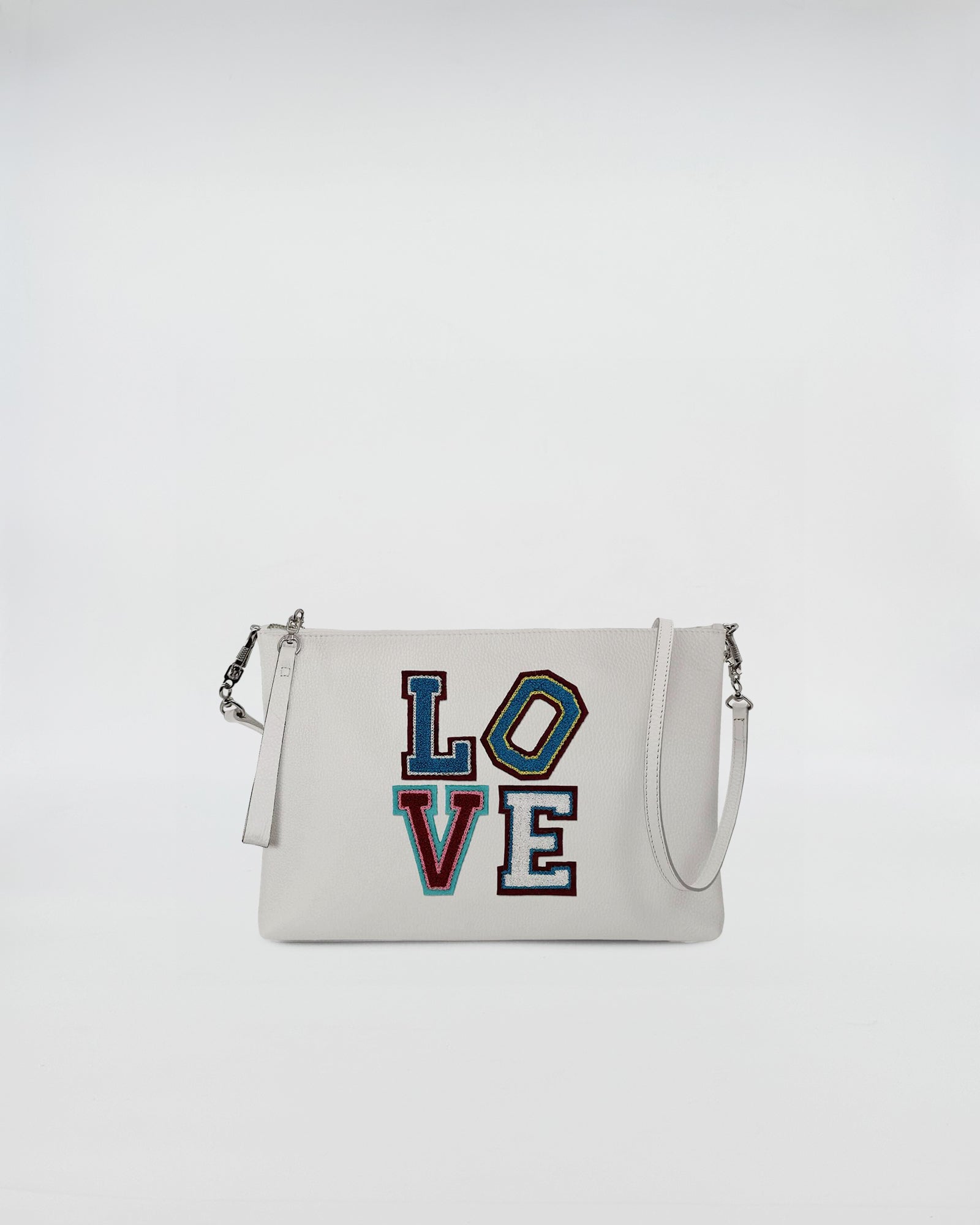BUSTA A4 CON TRL LOVE in white leather with colorful LOVE patch and removable shoulder strap.