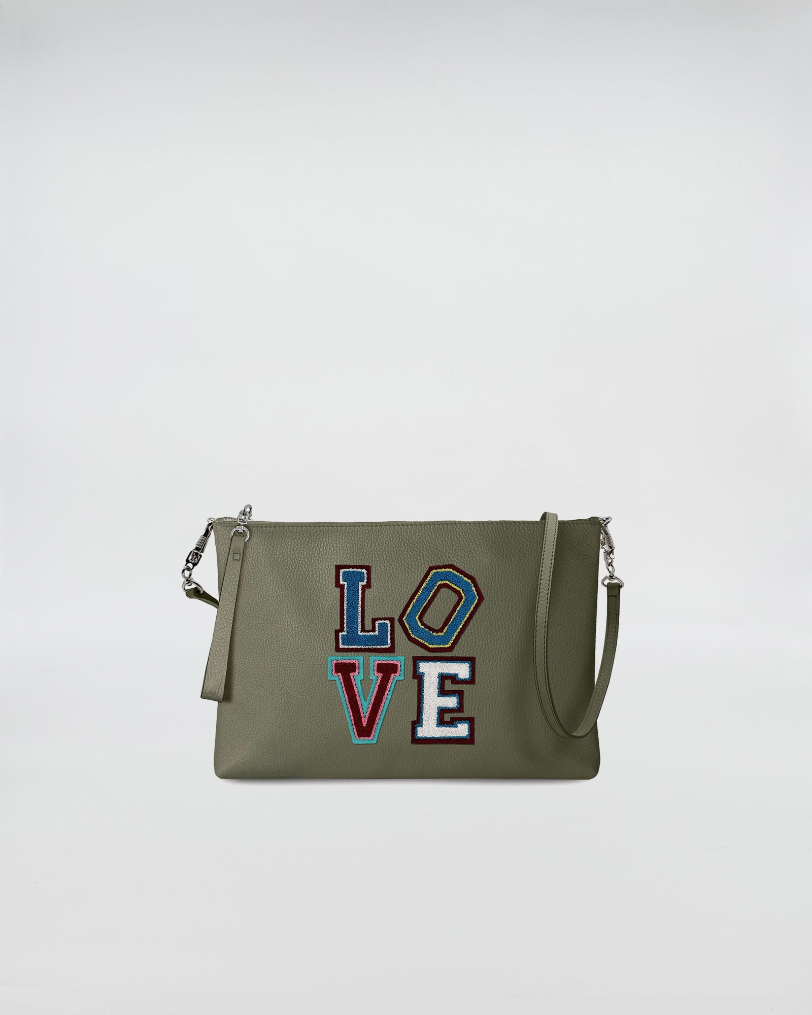 BUSTA A4 CON TRL LOVE in olive green with LOVE patch detail and removable shoulder strap