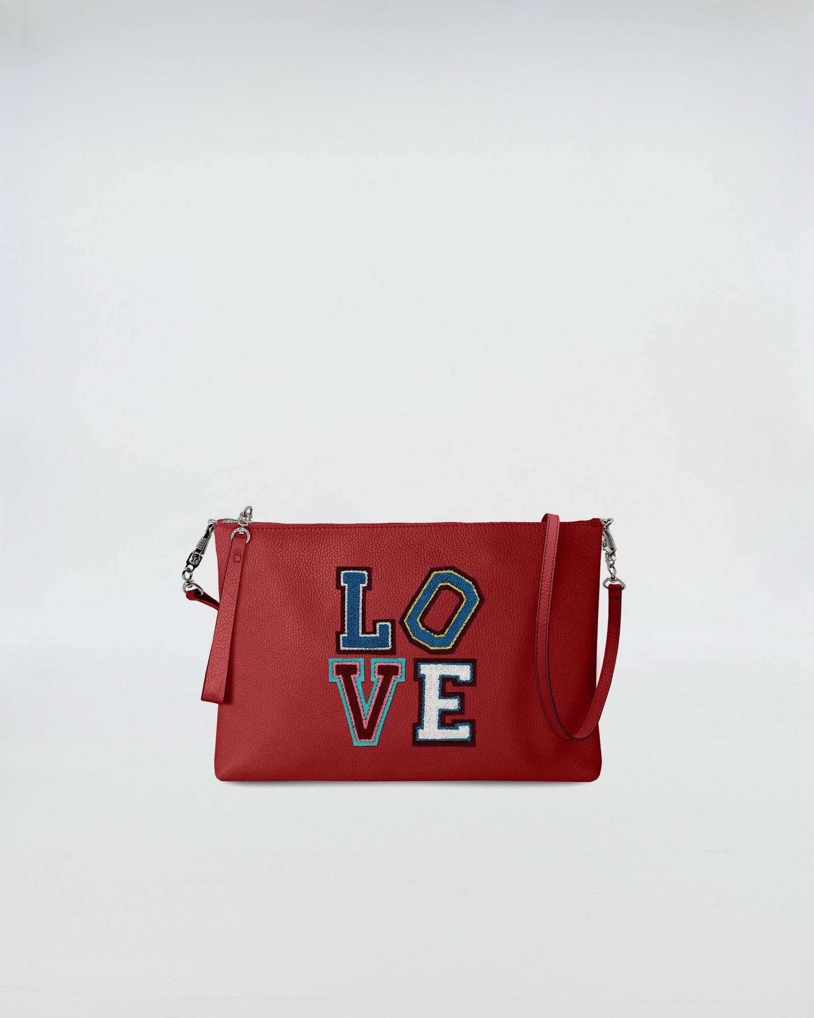 BUSTA A4 CON TRL LOVE in red leather with colorful LOVE patch and removable strap.