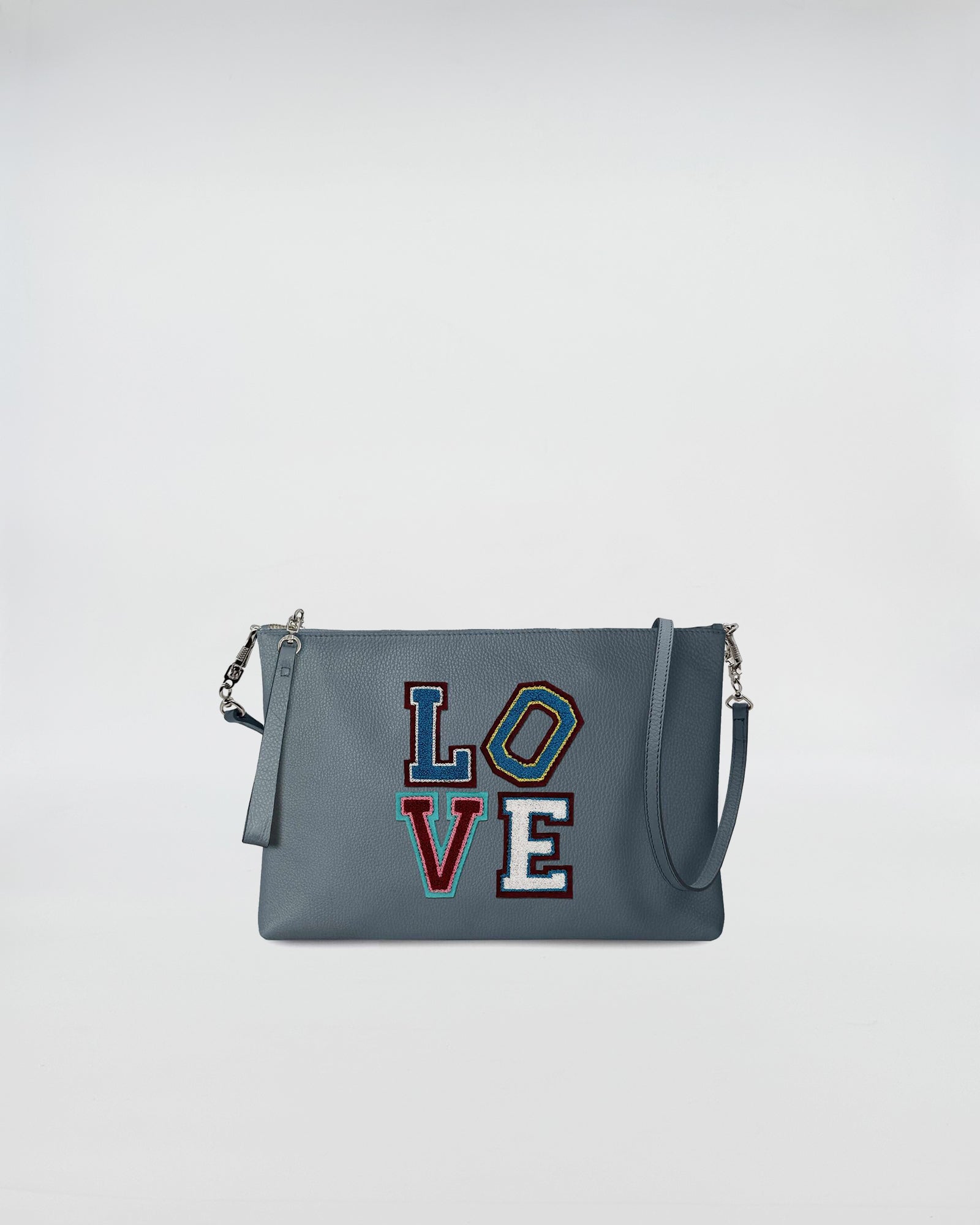 BUSTA A4 CON TRL LOVE in gray with colorful LOVE patch, featuring a removable shoulder strap.