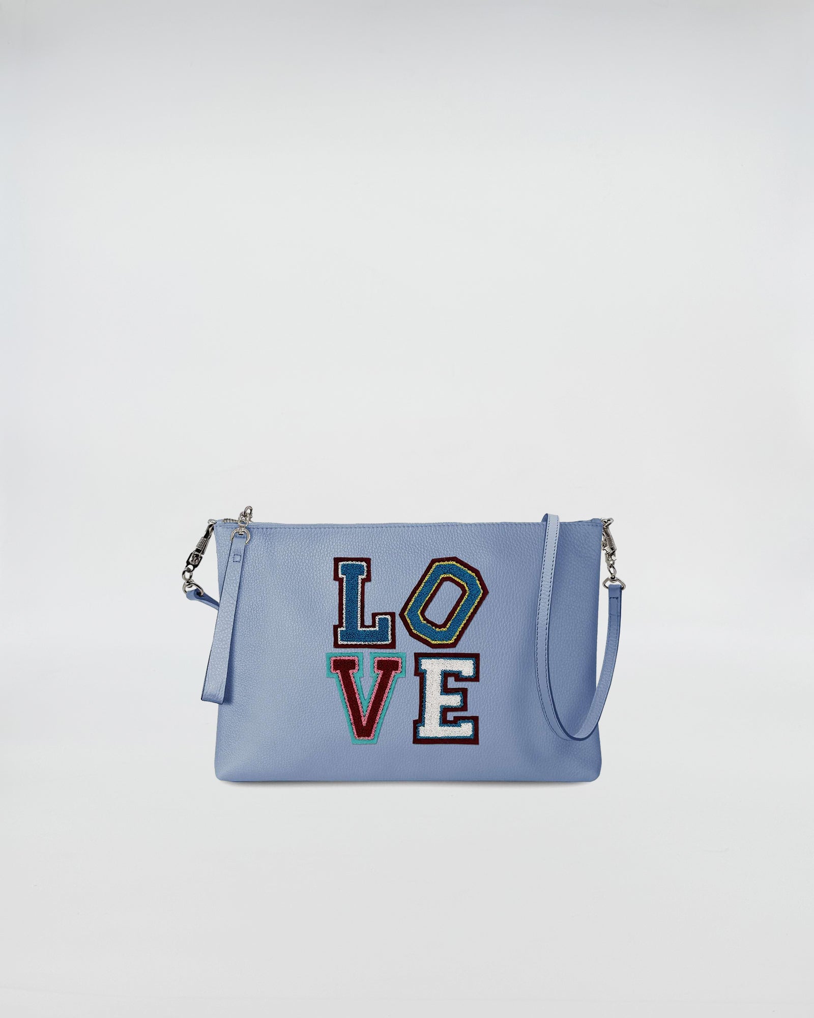 BUSTA A4 CON TRL LOVE in light blue with colorful LOVE patch and removable shoulder strap.