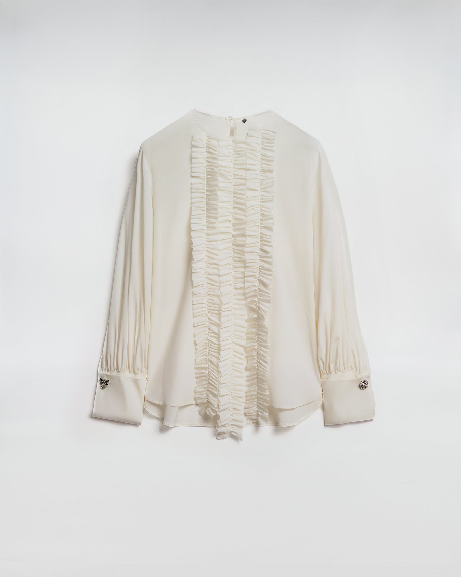 CAMICIA CHARLOTTE IN SETA CON ROUCHES E POLSI CON GEMELLI, camicia elegante con dettagli rouches e gemelli in cristallo.