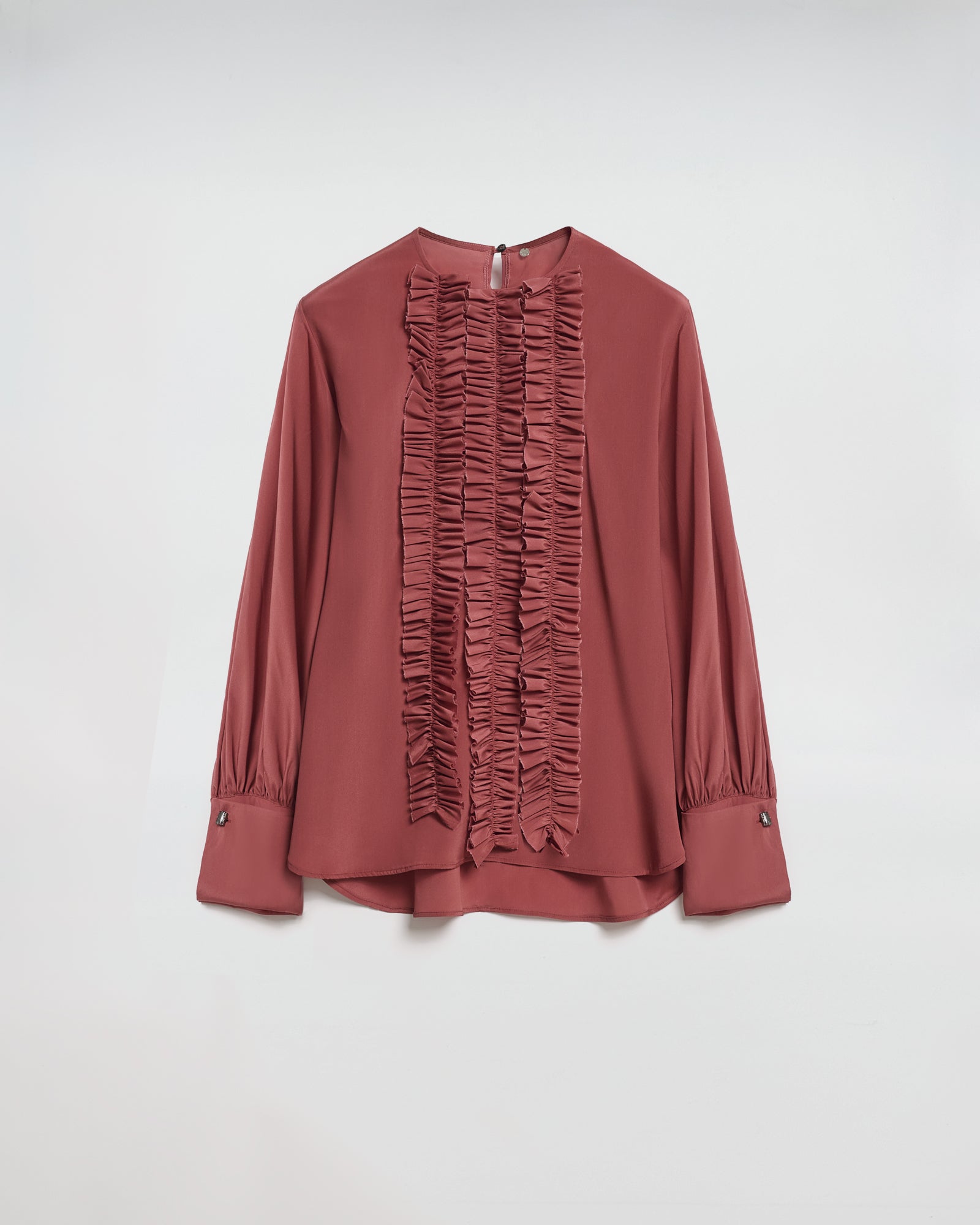 CAMICIA CHARLOTTE IN SETA CON ROUCHES E POLSI CON GEMELLI, blusa eleganza retro con dettagli raffinati.