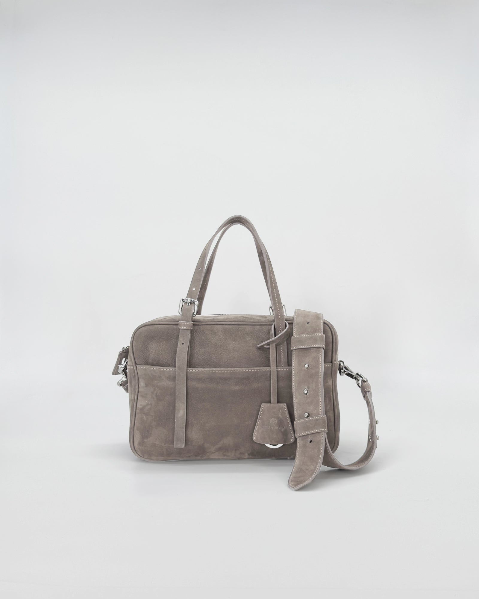 Frida Small Nabuk bag in gray suede with dual handles and adjustable strap.