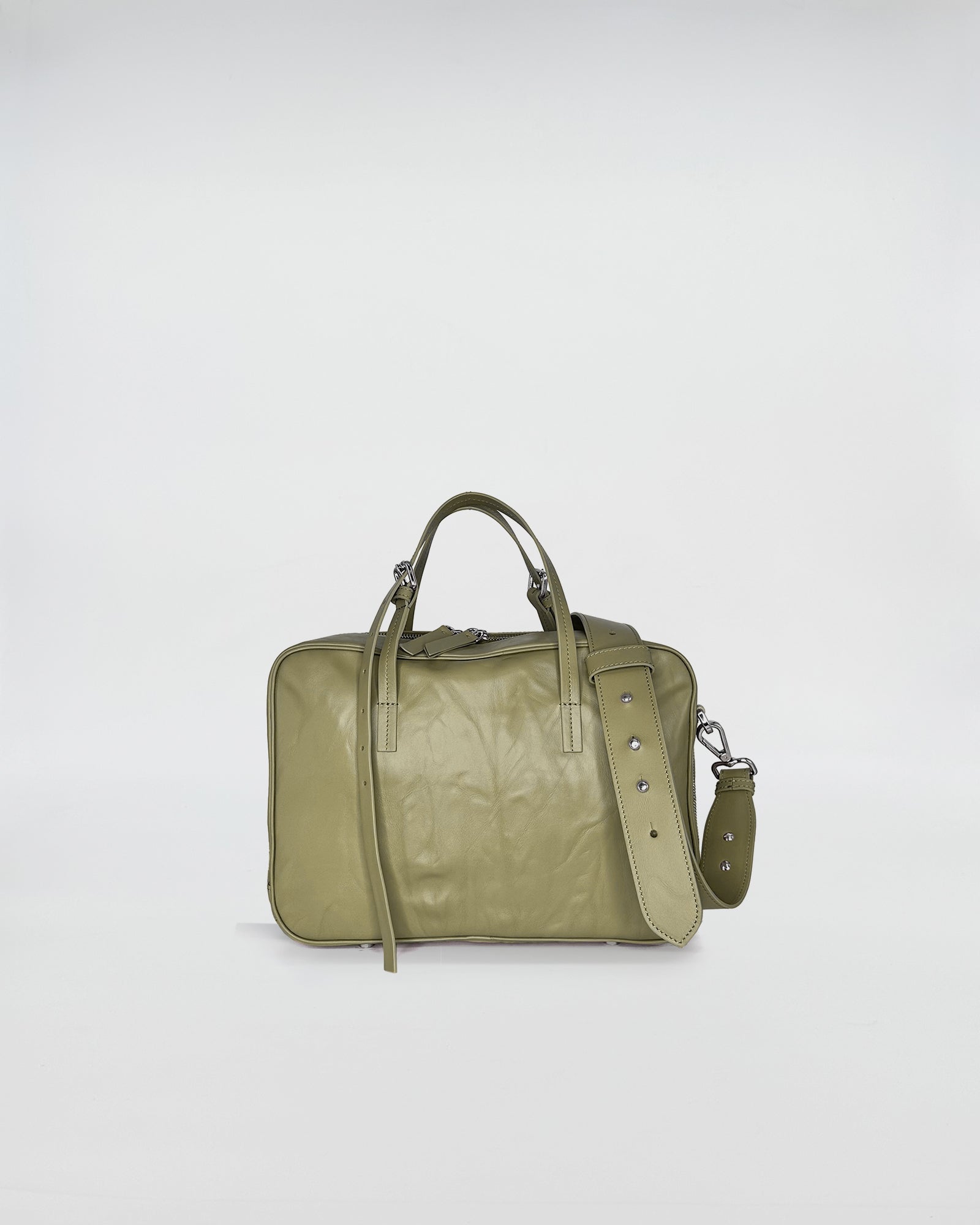 FRIDA SMALL VITELLO LAVATO bag in olive green with adjustable strap and modern design.