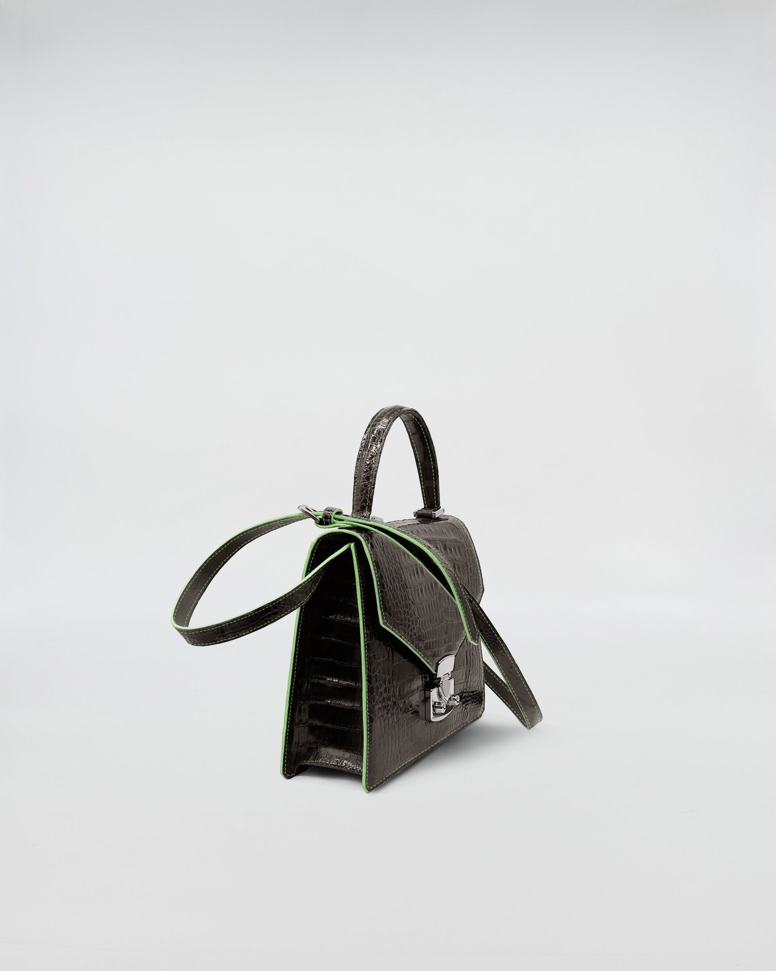 LADY D - COCCO RECYCLE black crocodile leather handbag with green suede lining and removable strap.