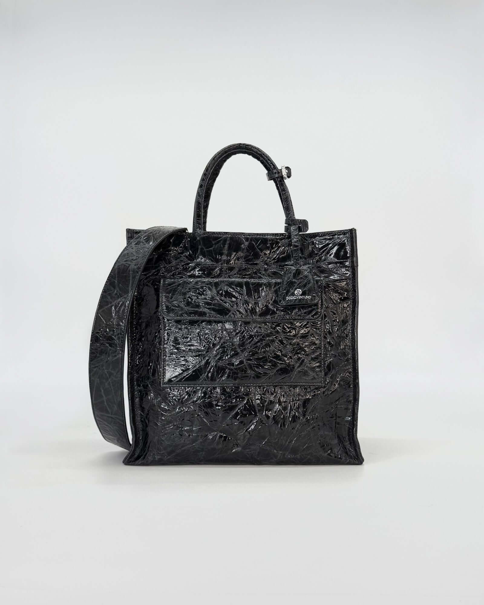 LUDOVICA VITELLO STRIZZATO black shopping bag with textured finish and front pockets