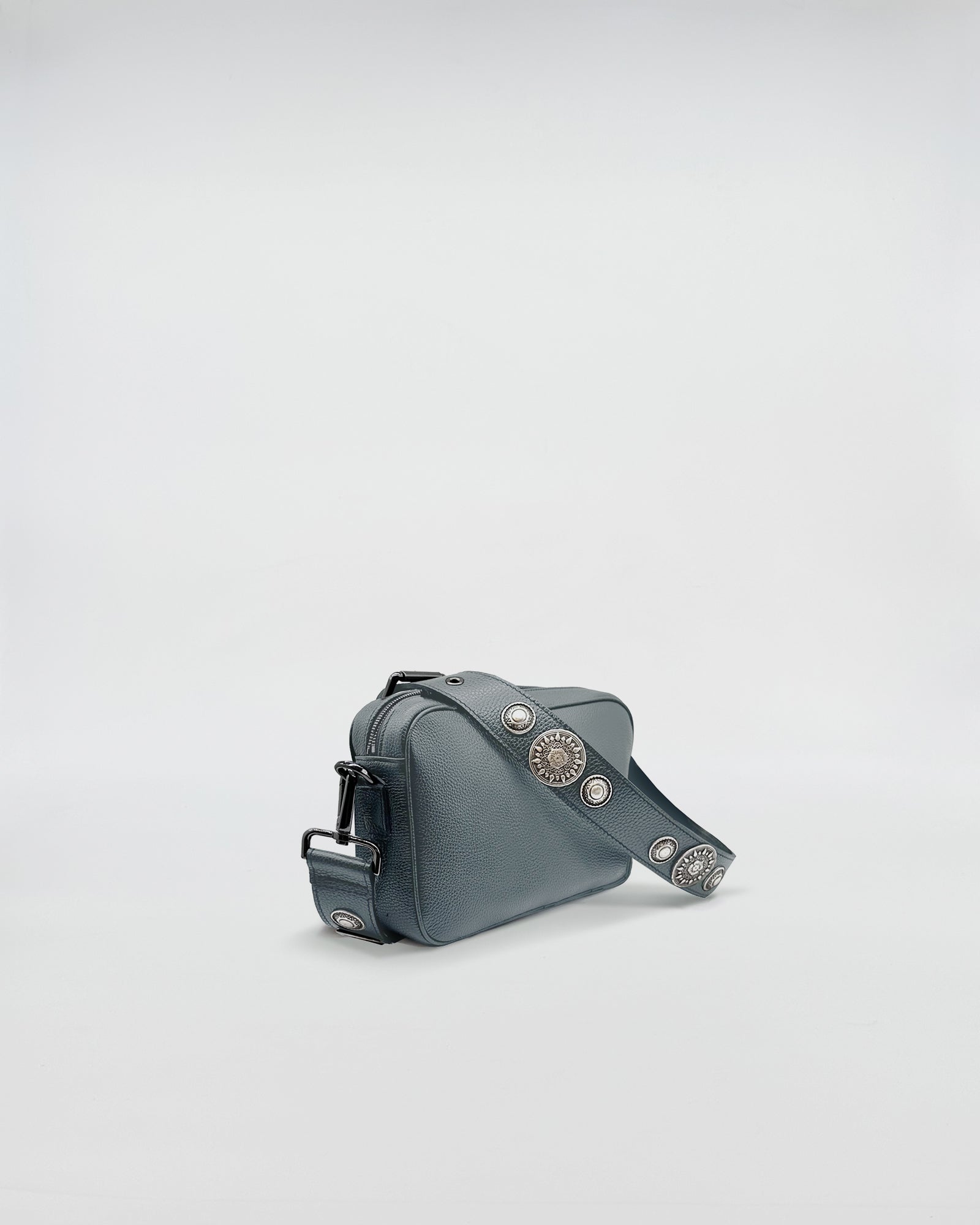 MAFALDA ROCK bag in gray leather with decorative studs and adjustable strap.