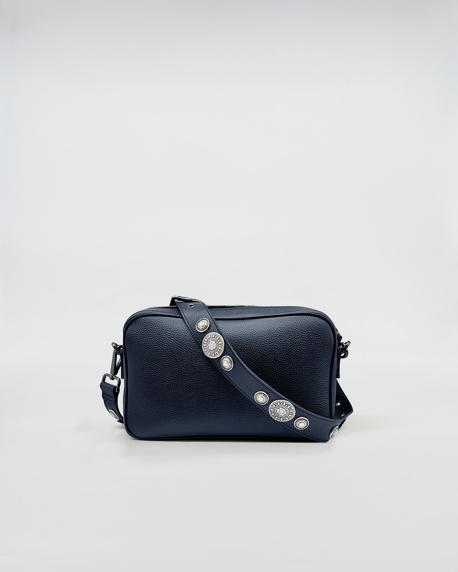 MAFALDONA ROCK handbag in navy with a studded adjustable strap, perfect for any occasion.