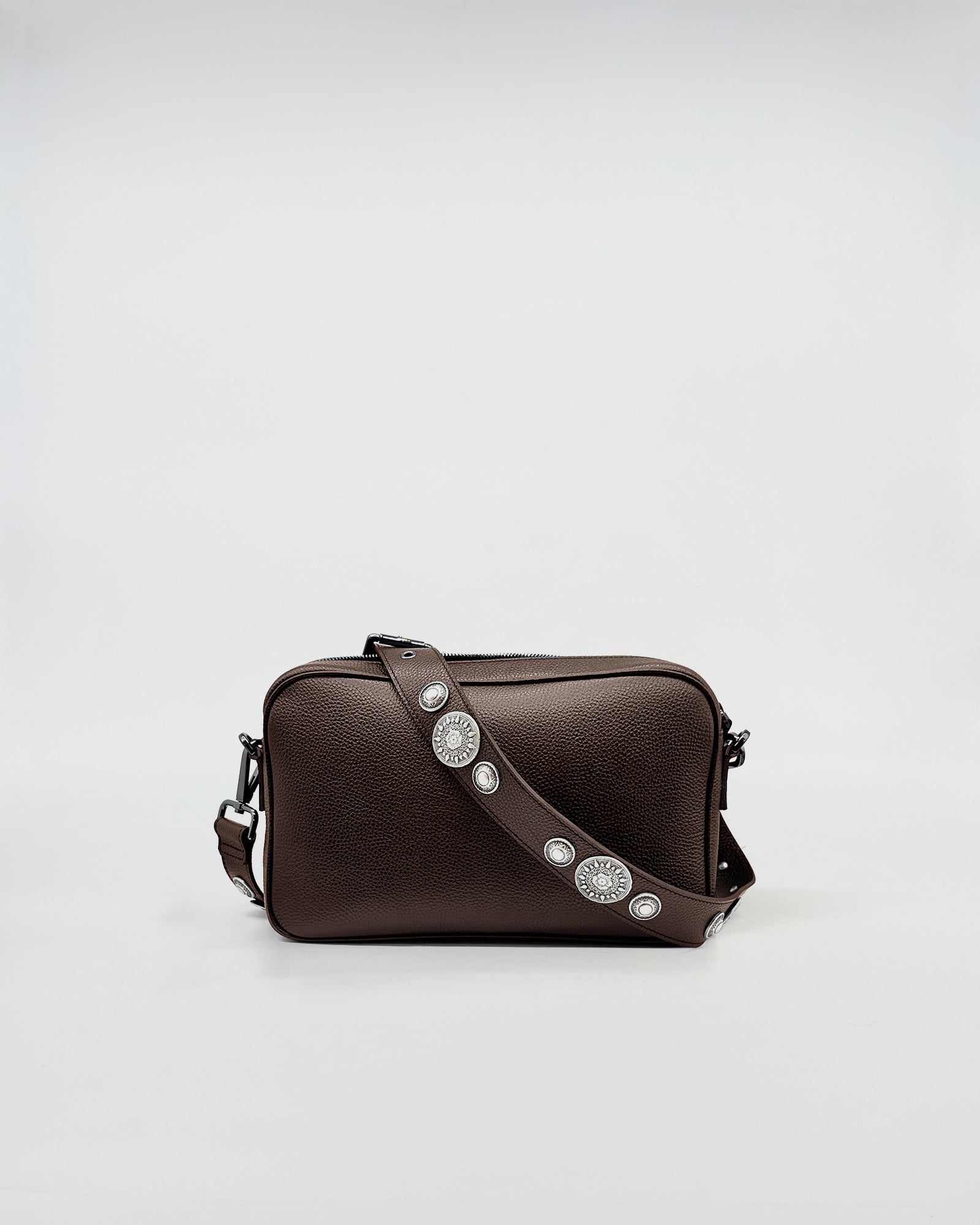 MAFALDONA ROCK brown bag with decorative shoulder strap and sleek design for versatile use.