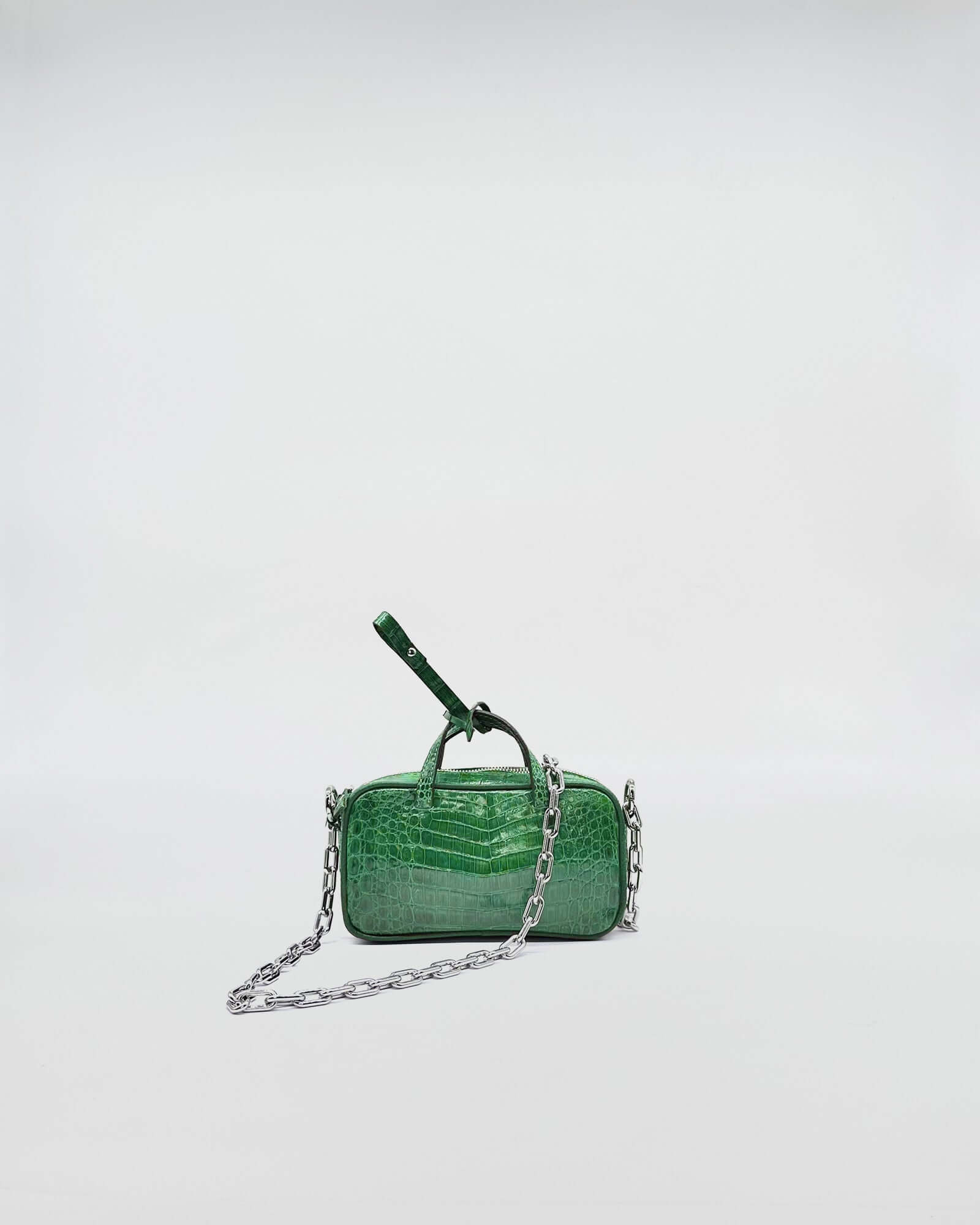 MICRO BAG NINA COLORATA MEDIUM COCCO RECYCLE in green with metal chain strap and modern design.