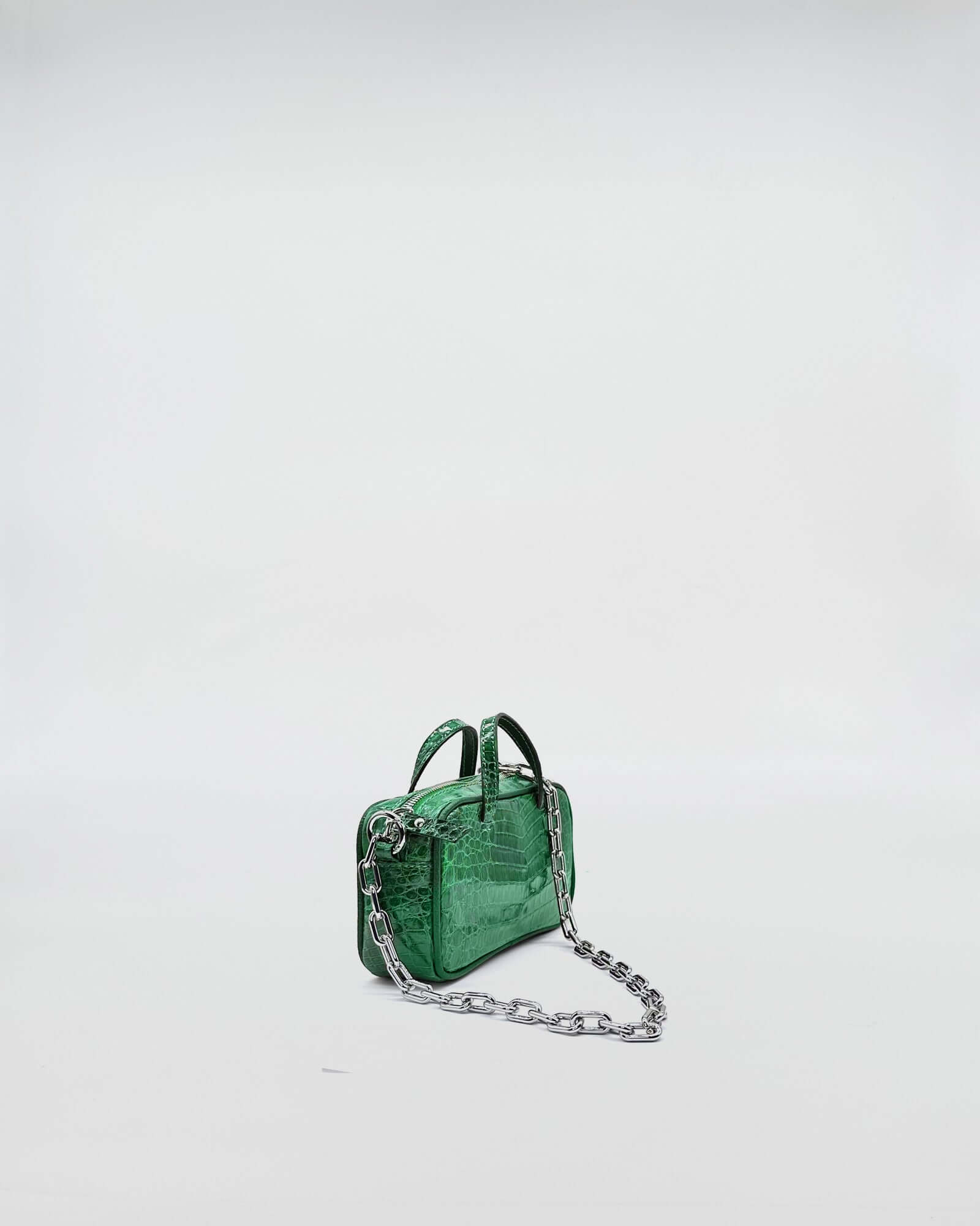 MICRO BAG NINA COLORATA MEDIUM COCCO RECYCLE in green with chain strap on a plain background.