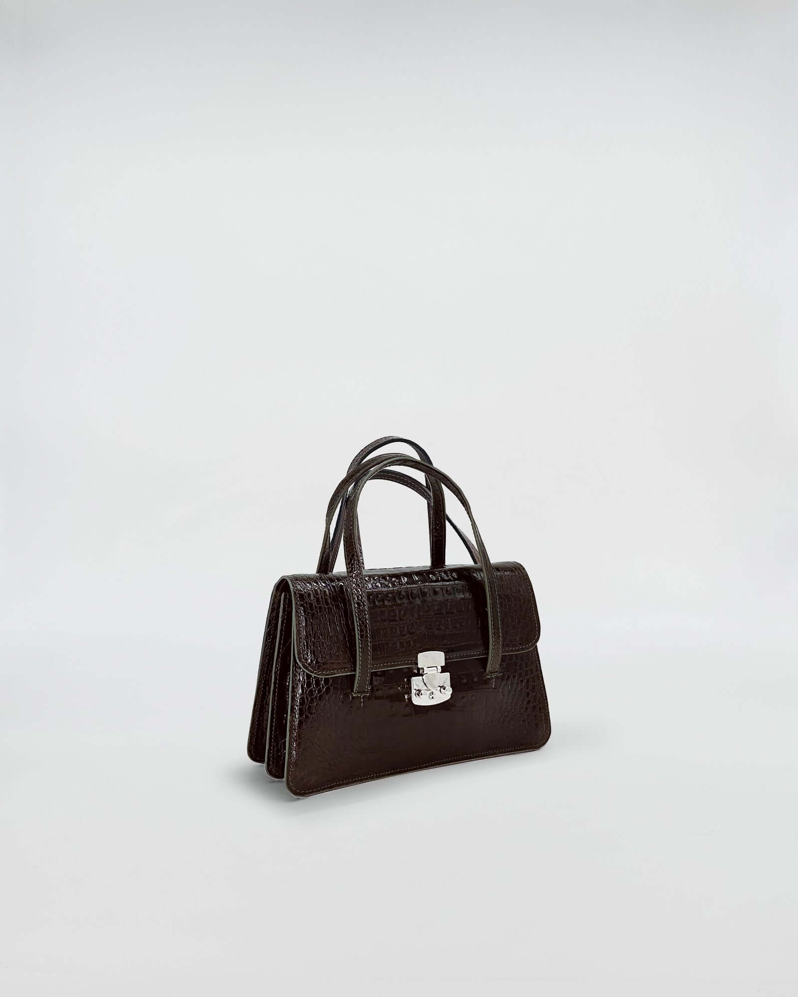 OFELIA COCCO RECYCLE EDITION elegant dark brown handbag with silver lock, showcasing sustainability and stylish design.