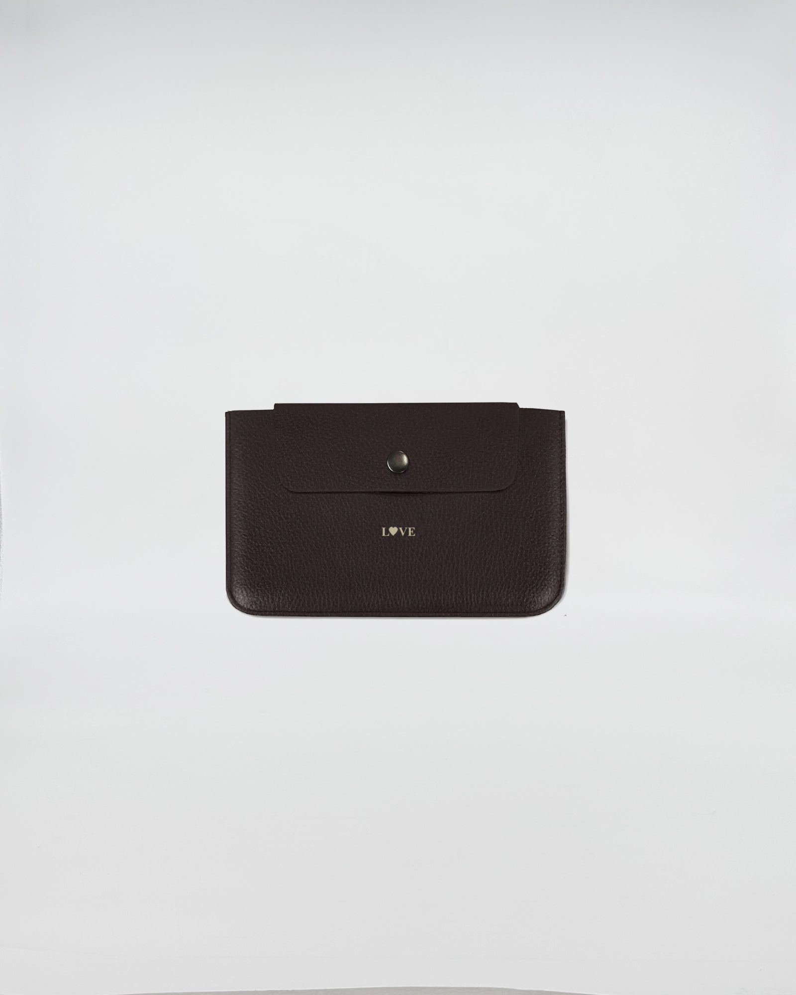 PORTA DOCUMENTI LOVE in elegant black leather, featuring a snap closure and embossed 'LOVE' design.