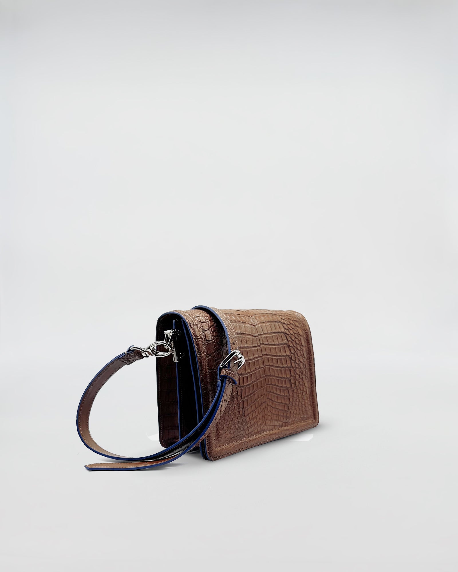 RANIA COCCO RECYCLE brown recycled crocodile handbag with removable adjustable strap.