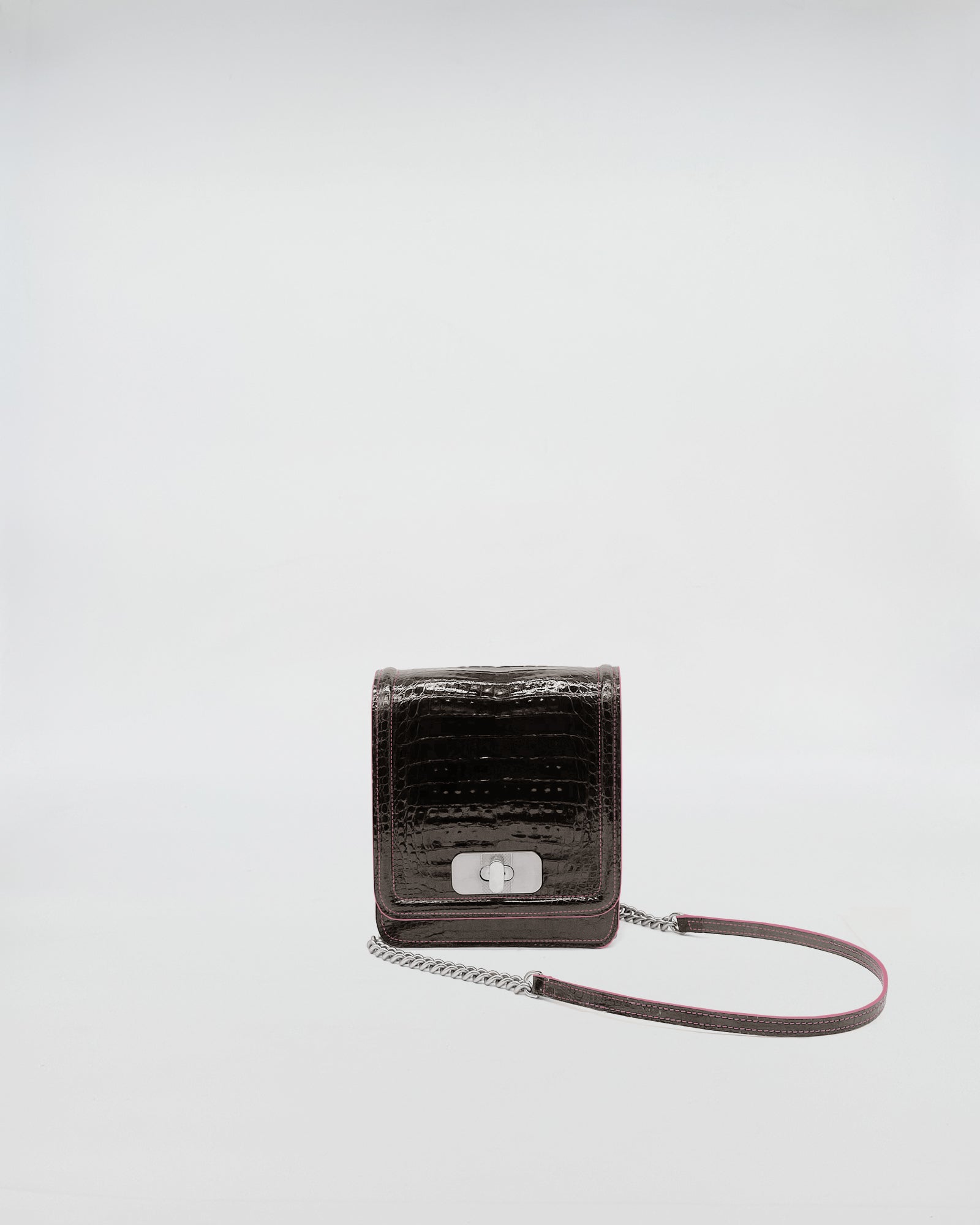 SISSI - COCCO RECYCLE elegant crocodile leather handbag with emerald suede lining and chain strap