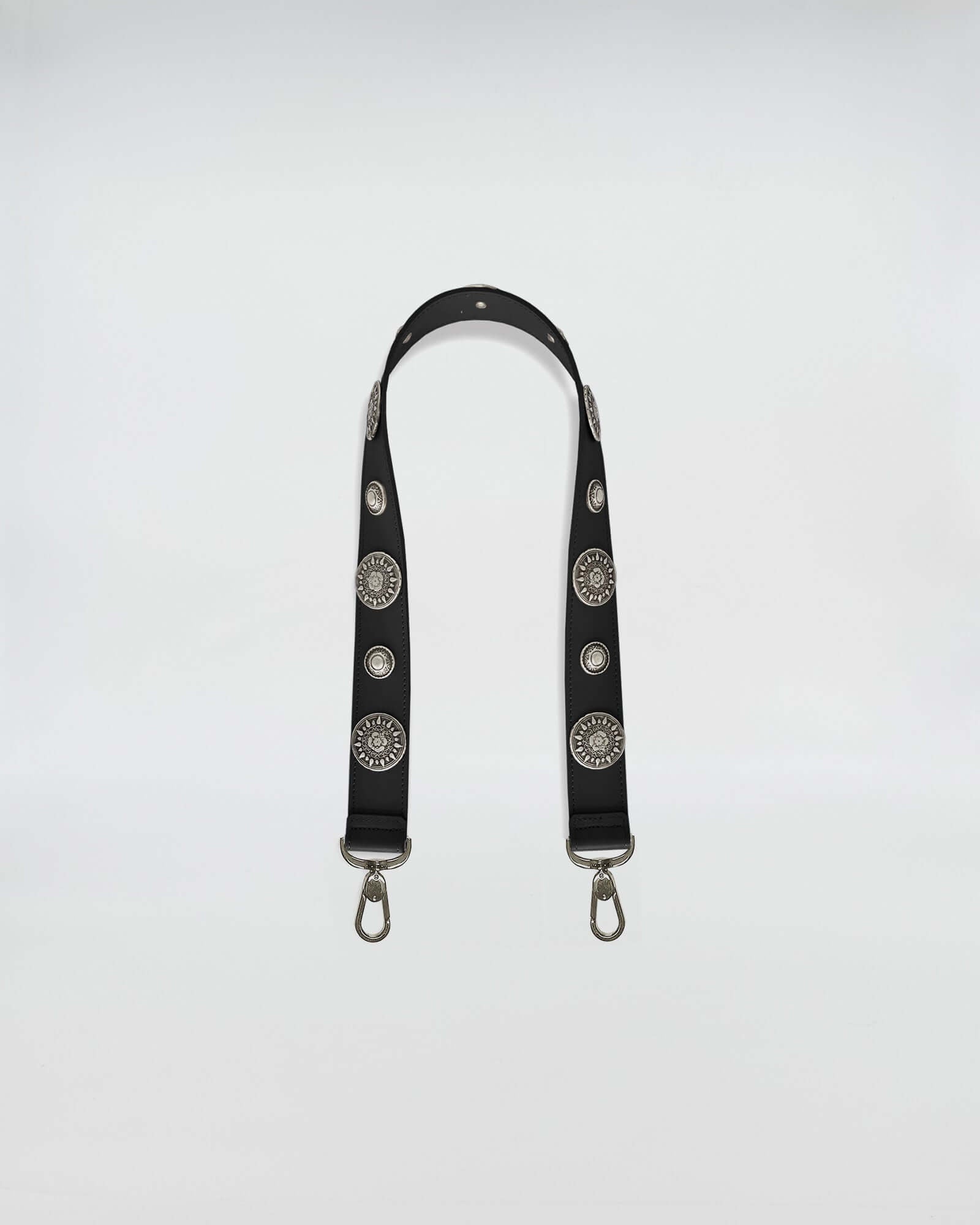TRACOLLA FISSA IN PELLE ROCK 80 CM in black with decorative silver studs, perfect for cross body and shoulder use.