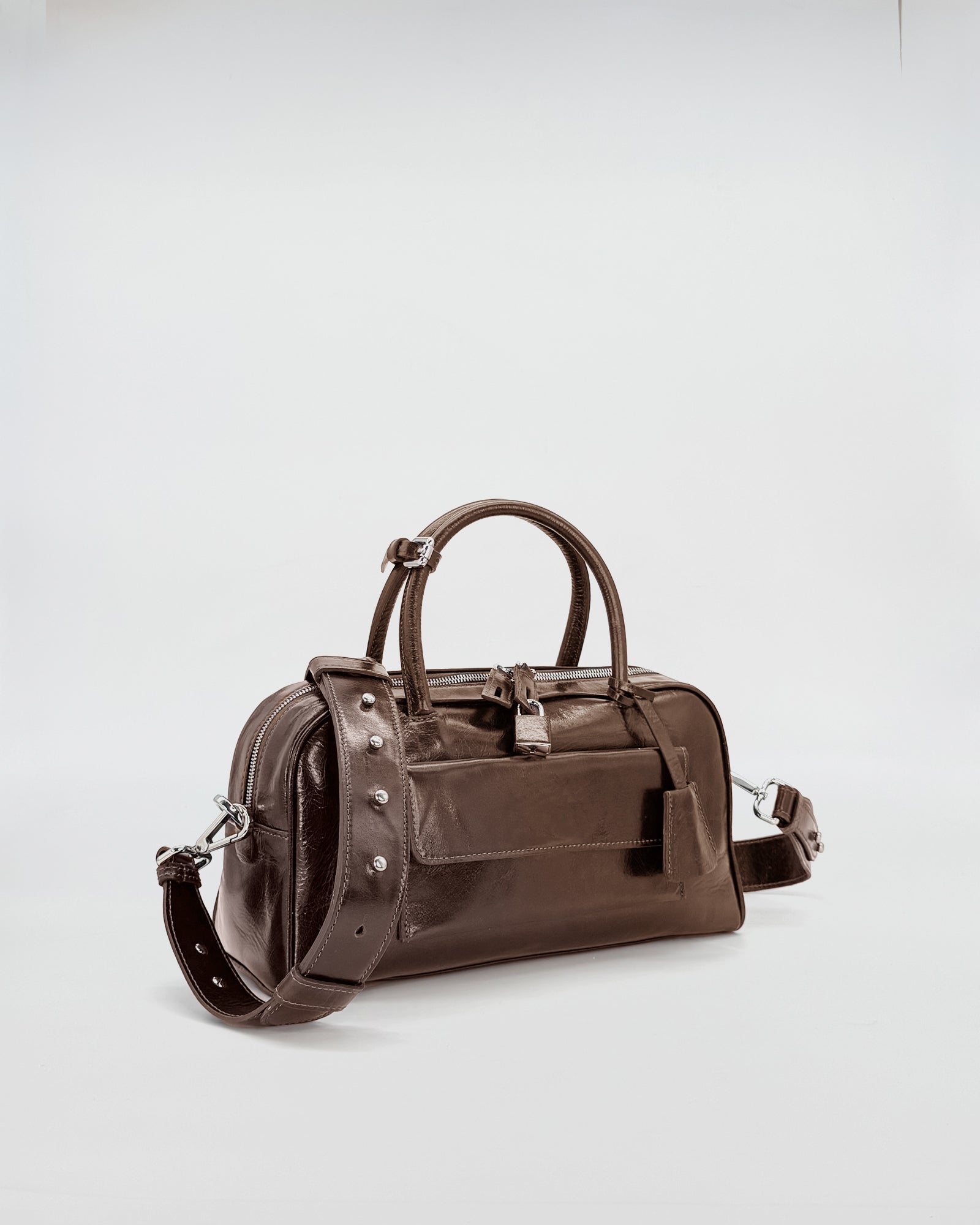 Zoe small vitello semilucido bag in dark brown with smooth leather and a stylish design.